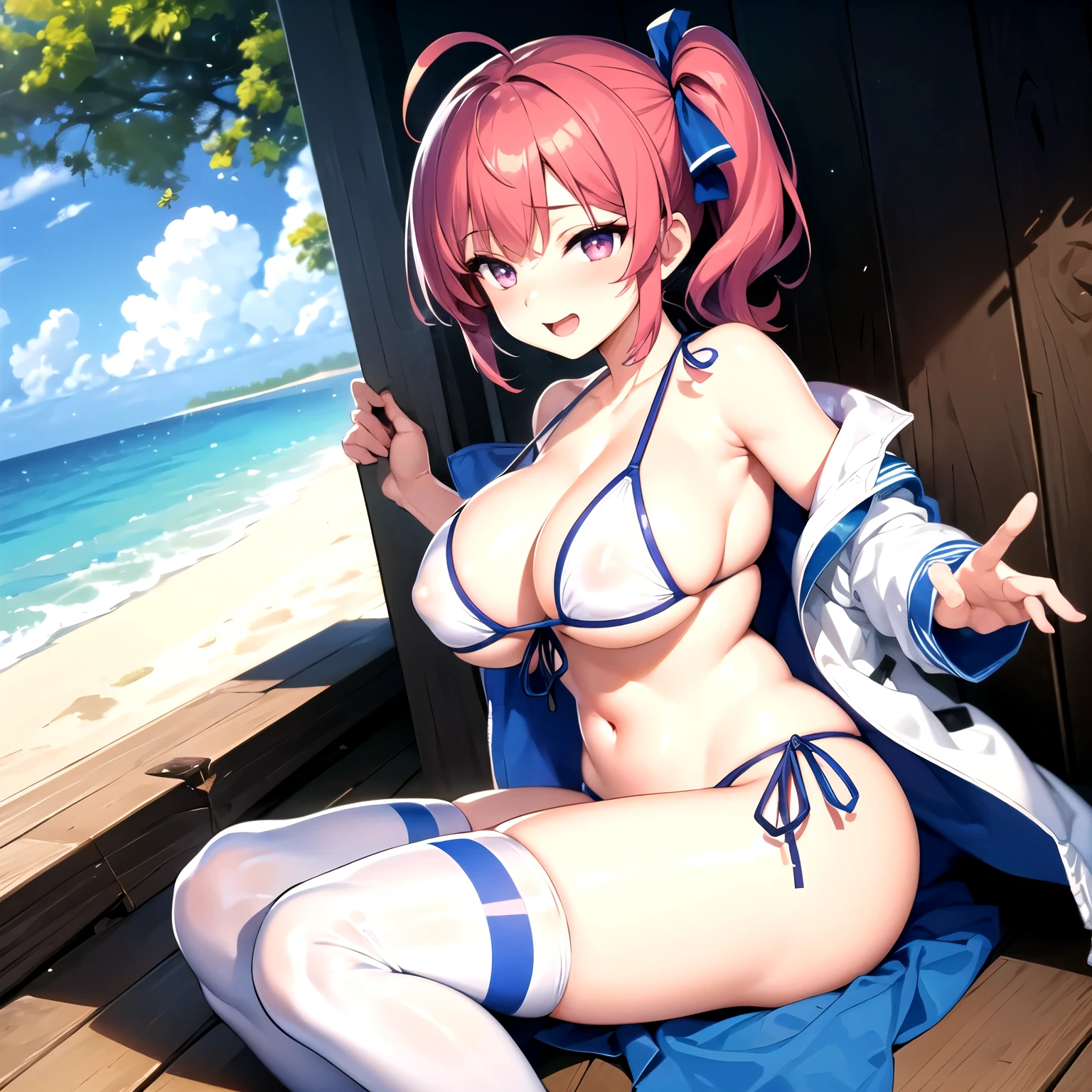 mizuki_takase,comic_party,white jacket, striped Tshrit,white high socks,red_hair, hair_ribbon,one_side_pony_tail,purple_eye, large breast,19 year old girl,white_high_ socks,zettai ryouiki, thighhighs, skindentation,ahoge,one pony tail,thick thighs,blue_skirt, mizuki_takase,comic_party,1girl, solo, swimsuit, bikini, side-tie bikini bottom, white bikini, breasts, side ponytail, cleavage,navel, large breasts,
