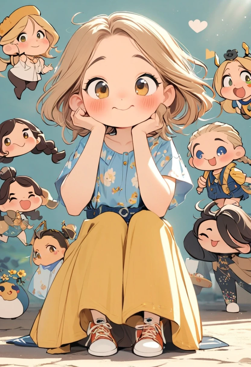 (Obra maestra, mejor calidad:1.2), cartoonish character design。1 chica, alone,ojos grandes,cute expression,Dos bollos de pelo,Camisa holgada de flores,overol de mezclilla azul,Zapatillas blancas,pararse,interesante,interesante,Lineas limpias