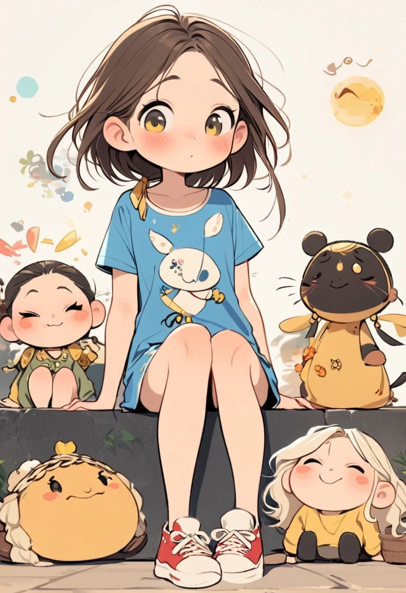 (Obra maestra, mejor calidad:1.2), cartoonish character design。1 chica, alone，ojos grandes，cute expression，Dos bollos de pelo，Camisa holgada de flores，overol de mezclilla azul，Zapatillas blancas，pararse，interesante，interesante，Lineas limpias