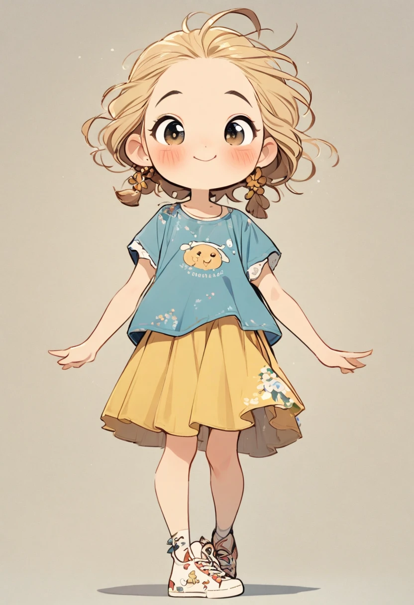 (Obra maestra, mejor calidad:1.2), cartoonish character design。1 chica, alone,ojos grandes,cute expression,Dos bollos de pelo,Camisa holgada de flores,overol de mezclilla azul,Zapatillas blancas,pararse,interesante,interesante,Lineas limpias