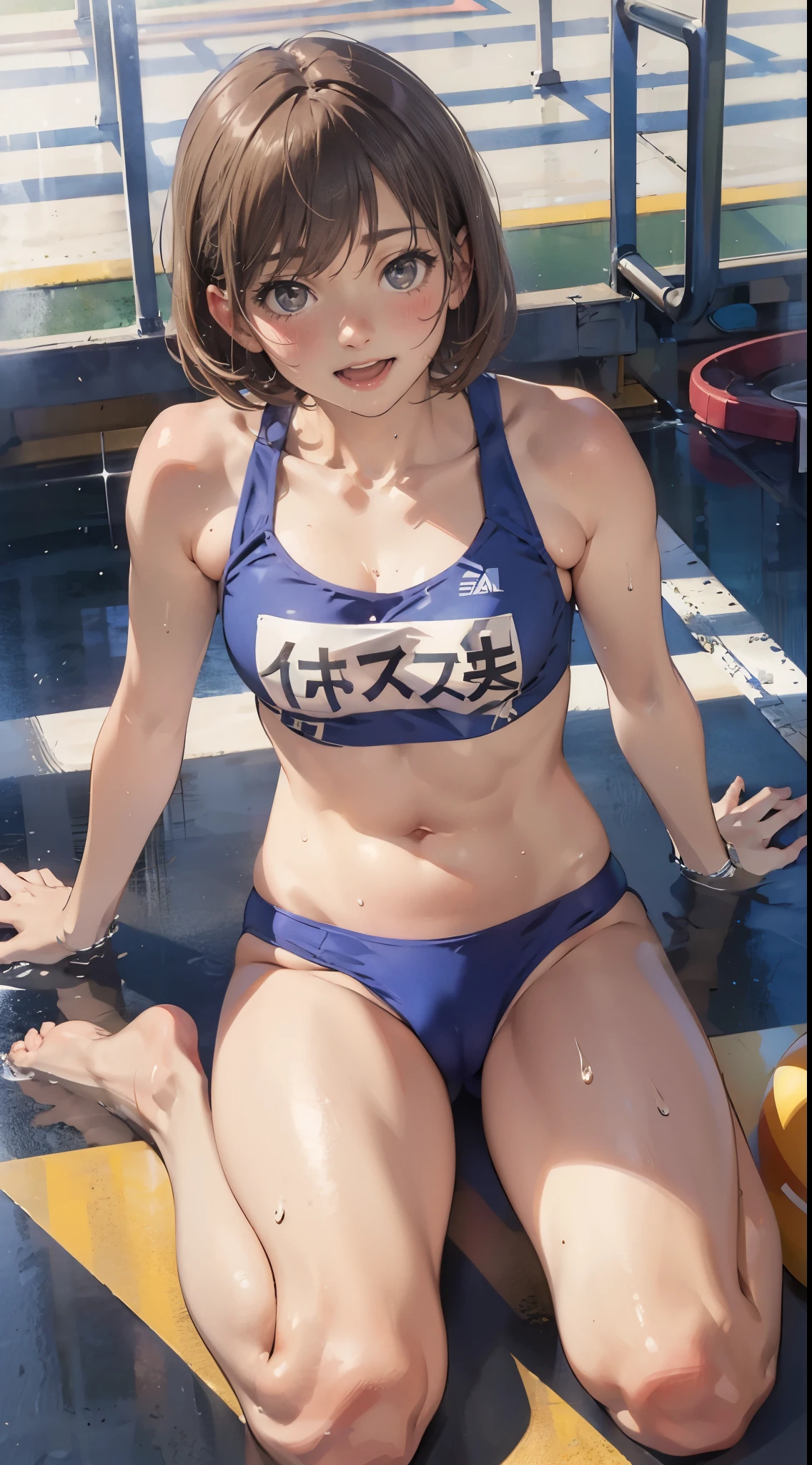 (super flat, flat shading), Honors Type, Really blushing, , high school girl, wearing training Plaid bikini wear, cameltoe, Short bob cut brown hair, Glasses, sweaty healthy body, mesugaki smile, bare legs, ultra realistic, early morning, soaking wet full body, looking up, open mouth, (crawling:1.2), navel, in crowded track and field, 