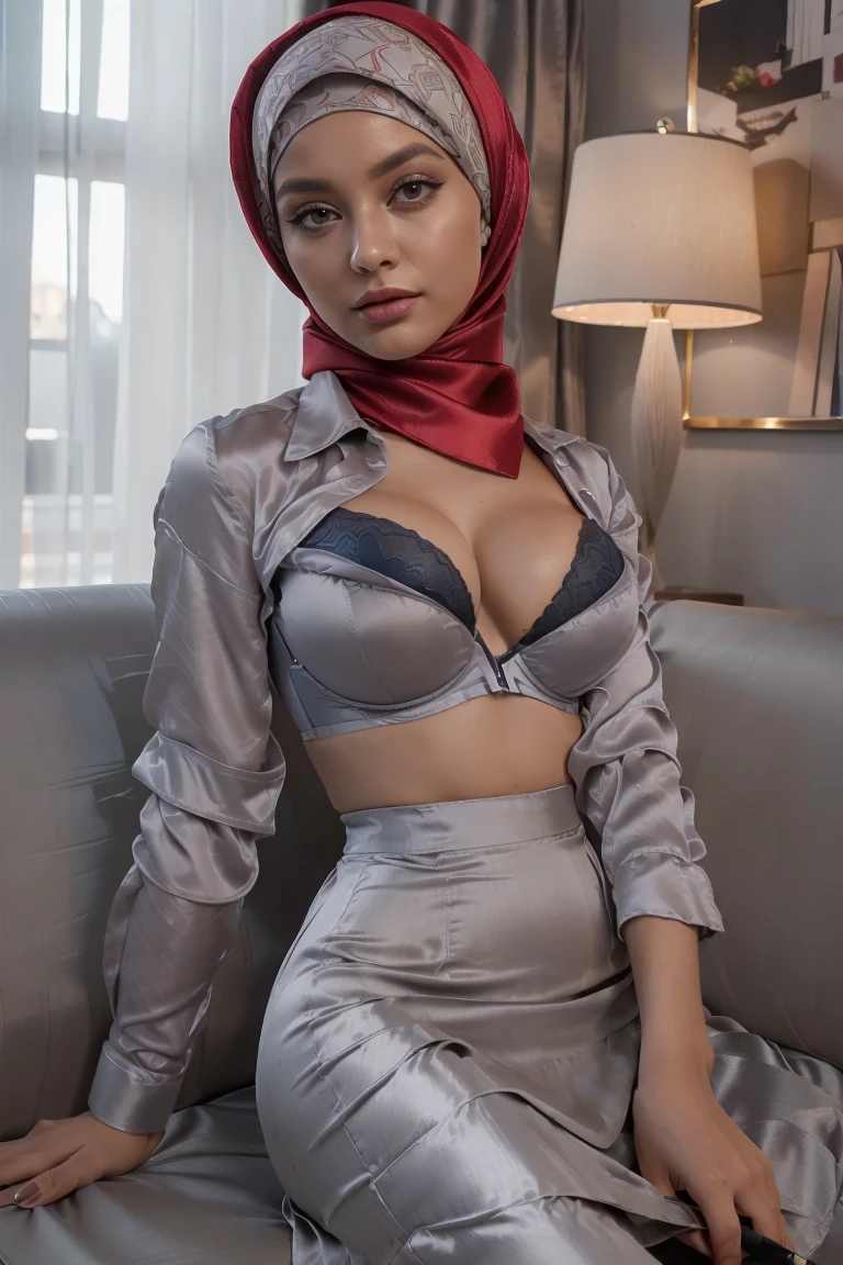 ((Masterpiece, best quality, photography, detailed skin, realistic, photo-realistic, 8k, highly detailed, full length frame, High detail RAW color art, diffused soft lighting, shallow depth of field, sharp focus, hyperrealism, cinematic lighting, hijab, a woman in a beautifully makeup, beautiful big eyes, long eye lashes, wearing (Dark blue satin hijab), office’s attire, ((Gray satin shirt and pencil long skirts)), ((unbuttoned shirt, red colour bra)), wide hips, large breast, leaning on sofa, luxury hotel room
