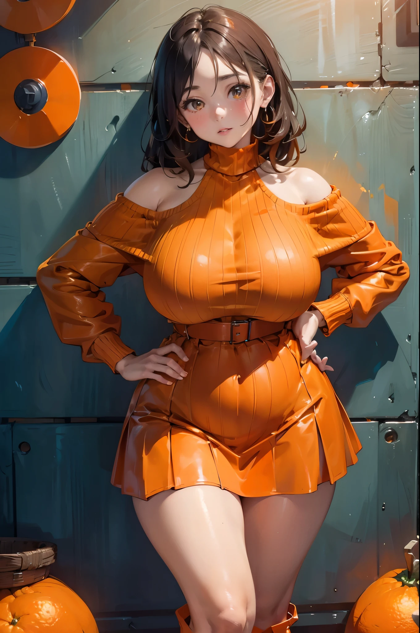 Best quality, Ultra-high resolution, ((orange color:1.3)), 1 girl, Beautiful woman, plump big breasts, Off-the-shoulder knit, Jacket, mini skirt, boots, Casual, orange colors（（Very large breasts）），（（Grooves reveal original skin））