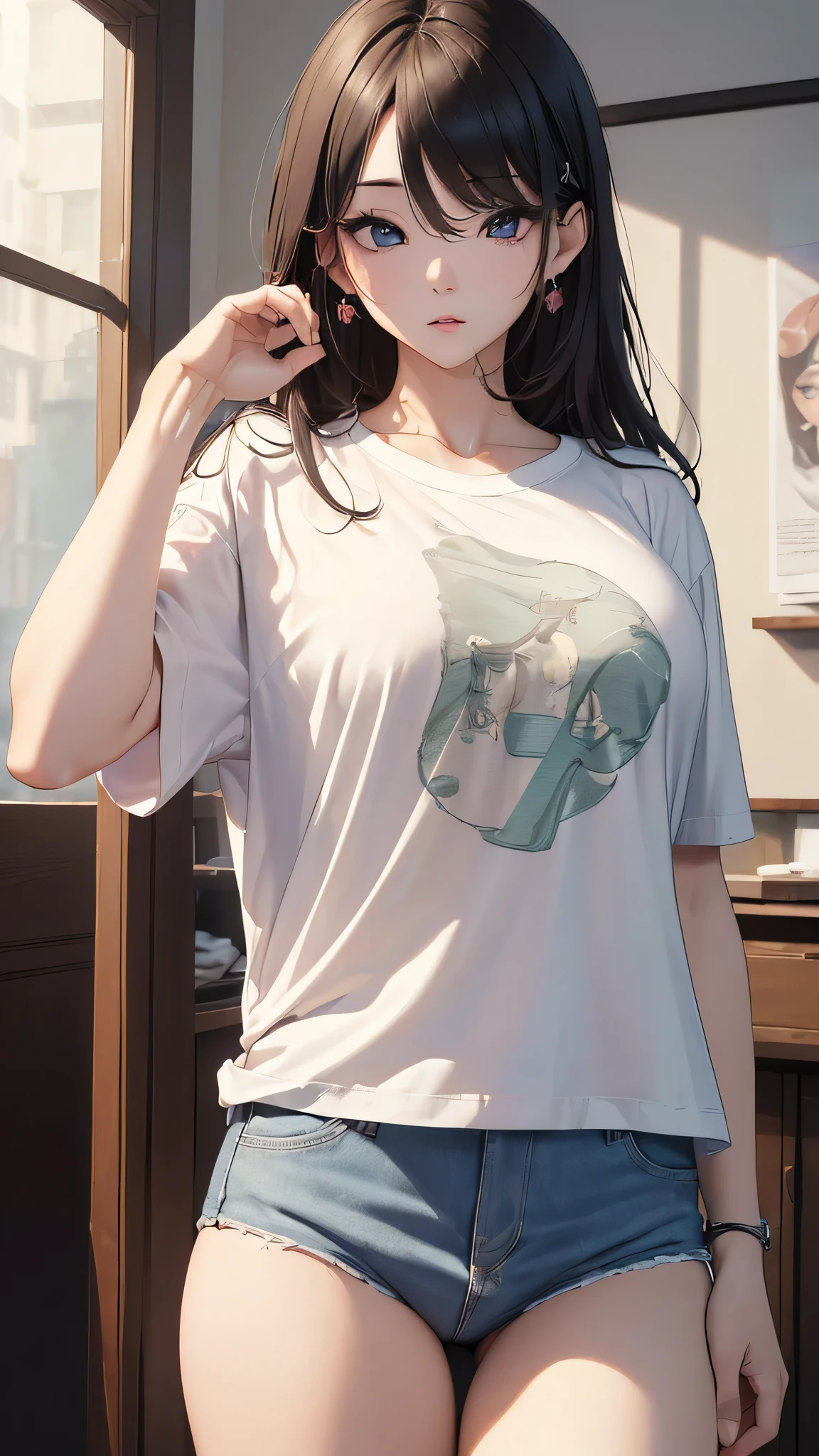 (((masterpiece))),(((High resolution)))、(((8K quality)))、(((perfect face)))、(((Korean idol)))、30 years old,  ((oversized T-shirt)), ((panty)), look at the camera, ((top quality eyes)), detailed texture
