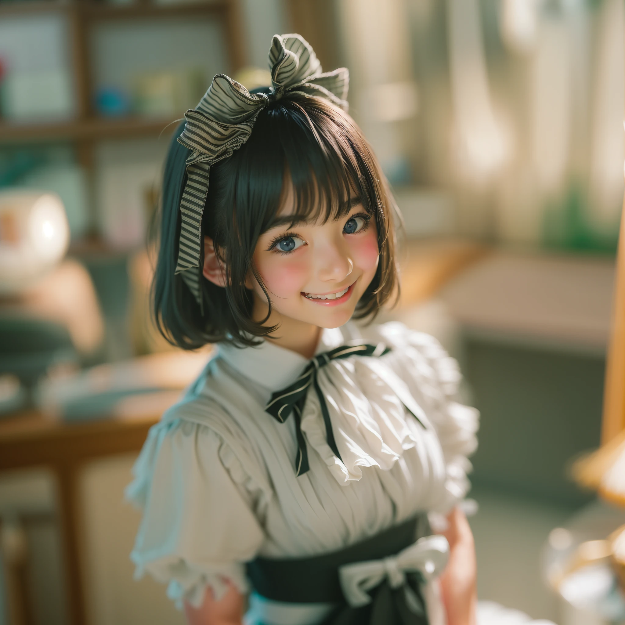 ((sfw:1.4)), ((sfw, extra short hair, sidelocks-hair, 1Girl)), Ultra High Resolution, (Realistic:1.4), RAW Photo, Best Quality, (Photorealistic), Focus, Soft Light, (()), ((Japanese)), (( (young face))), (surface), (depth of field), masterpiece, (realistic), wearing highly detailed (( maid clothes with frills and ribbon)), bangs, ((1 girl)),.(smile:1.5)