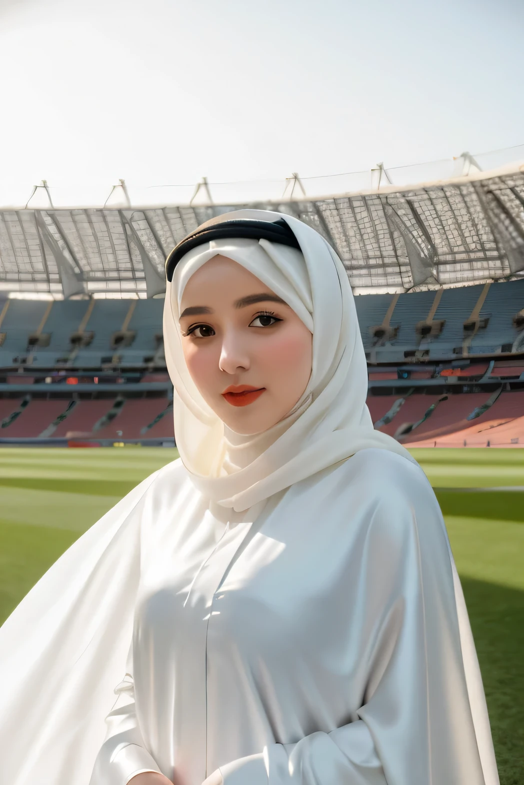 RAW photo of a 24 year old girl wearing hijab, satin abaya White color , satin, hijab face portrait, Qatar Stadium background, 8k uhd, dslr, soft lighting, high quality, film grain, Fujifilm XT3, covered dress, decent dress