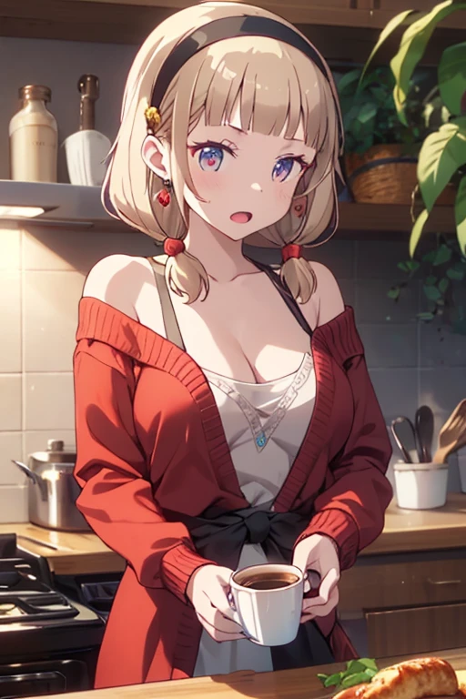 masterpiece, yor, 1girl, Amazing Cleavage:1.3, thin waist, big ass, Raised sexy, medium breast: 1.8 posed cleavage:1.2、solo, looking at viewer, open mouth, have a cup of coffee,black hair, red eyes, dress, bare shoulders, jewelry, collarbone, sidelocks, hairband, earrings, indoors, off shoulder, :o, sweater, arms behind back, plant, short hair with long locks, white hairband, off-shoulder dress, sweater dress, off-shoulder sweater, red sweater, big side hair, very long side hair,is rendered in (masterpiece: 1.2, best quality), with (ultra high resolution) and an exquisite (depth of field). This masterpiece is not only visually stunning but also tells, teach of cooking ,in the kitchen
