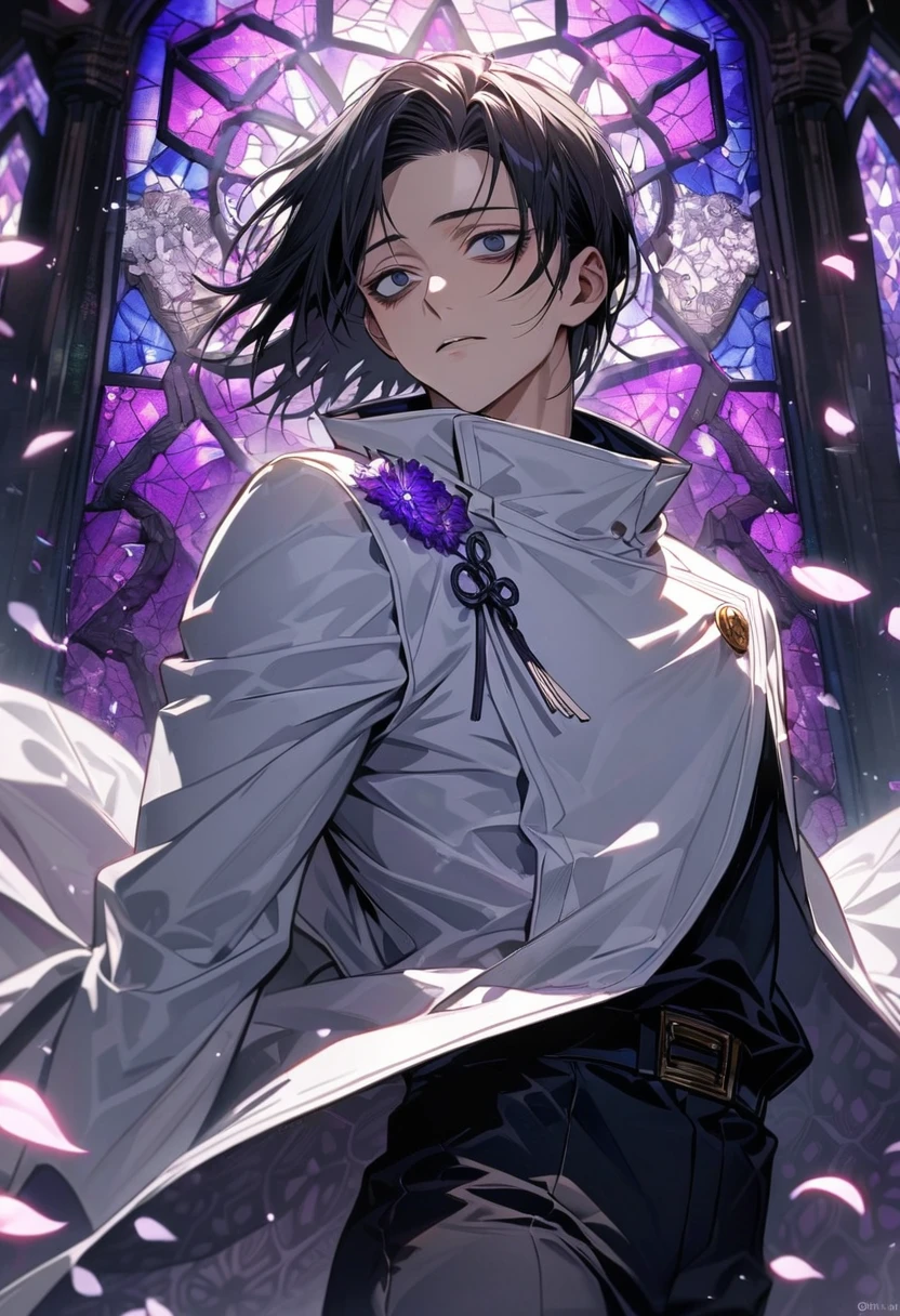 Ultra detailed, HDR, Highres, absurdres, master piece, Okkotsu Yuuta, expressive dark blue eyes, black hair, dark circles under the eyes, Jujutsu Kaisen, white long coat with patterns, black tight shirt, purple stained glass, purple ice, petals, purple ice flowers, y man, solo, extremely detailed face and eyes, extremely handsome, glittering, black pants,