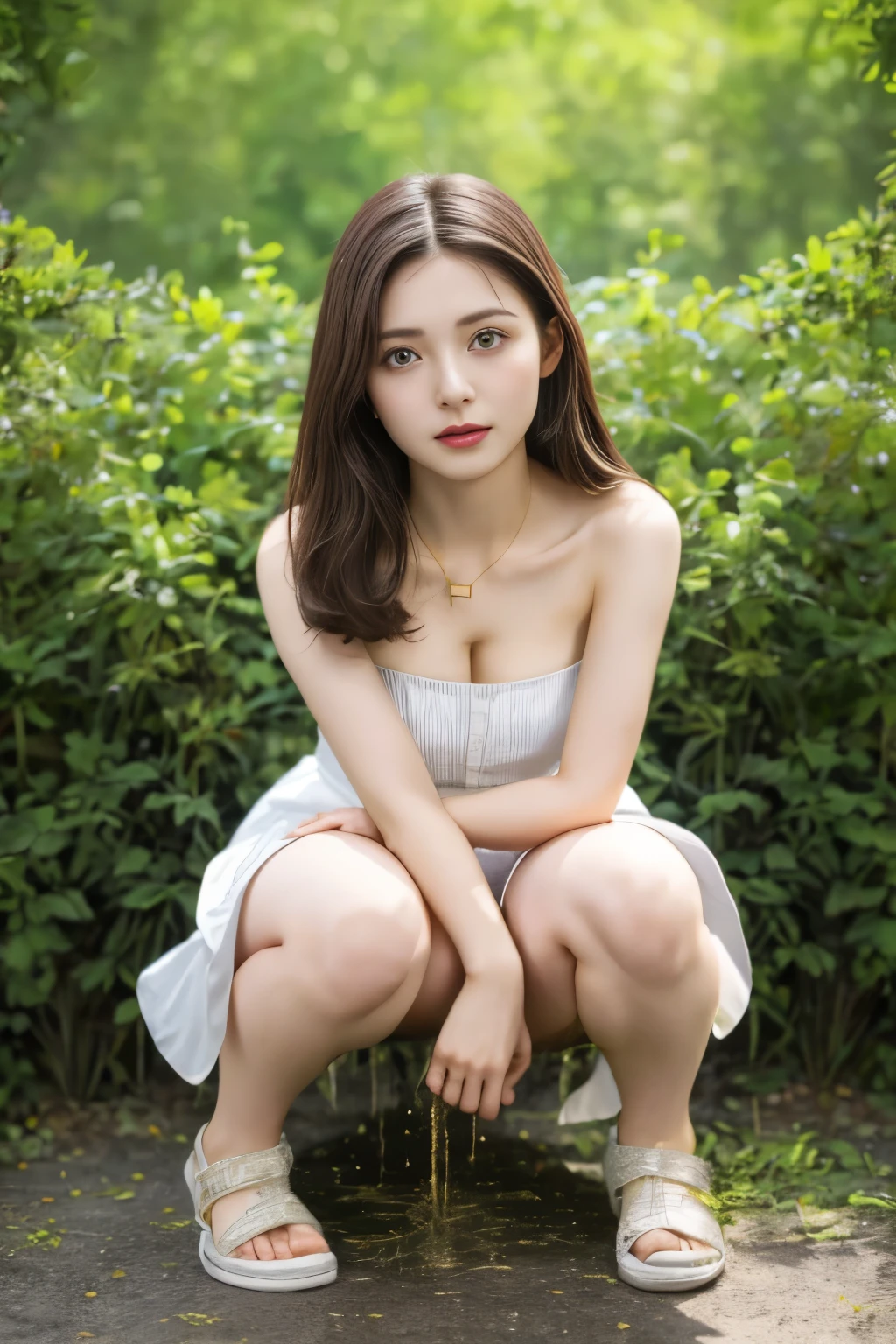 (masterpiece,best quality, photo-realistic:1.4),intricate details, exmetely detailed, portrait, depth of field, 1girl,solo,a 25yo Japanese female,(strapless, sleeveless, white dress, short dress, mini dress:1.4),choker,mule-sandals,(squat-position,spread legs apart,knees down,thighs,front view,looking at viewer:1.8), slender, dark hair, smaller face, detailed face, detailed eyes, parted lips, fine textured skin, pale skin,photo background,outdoors,(peeing self, urination, pee pudle:1.5),