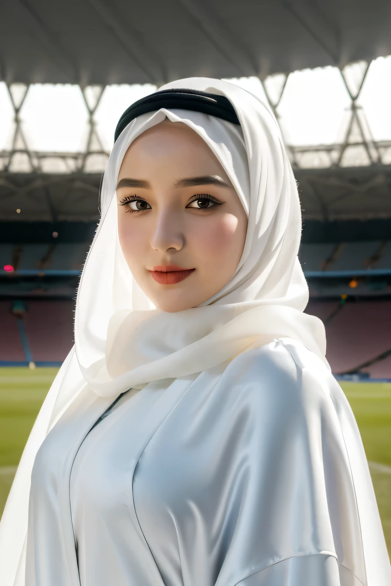 RAW photo of a 24 year old girl wearing hijab, satin abaya White color , satin, hijab face portrait, Qatar Stadium background, 8k uhd, dslr, soft lighting, high quality, film grain, Fujifilm XT3, covered dress, decent dress