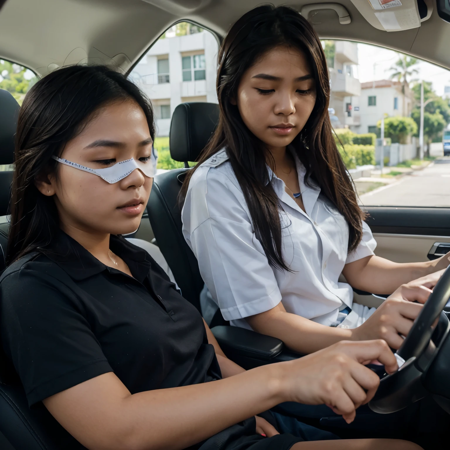 Filipino student in uniform and ID paying the driver. The driver is blindfolded and receiving the payment of the student.