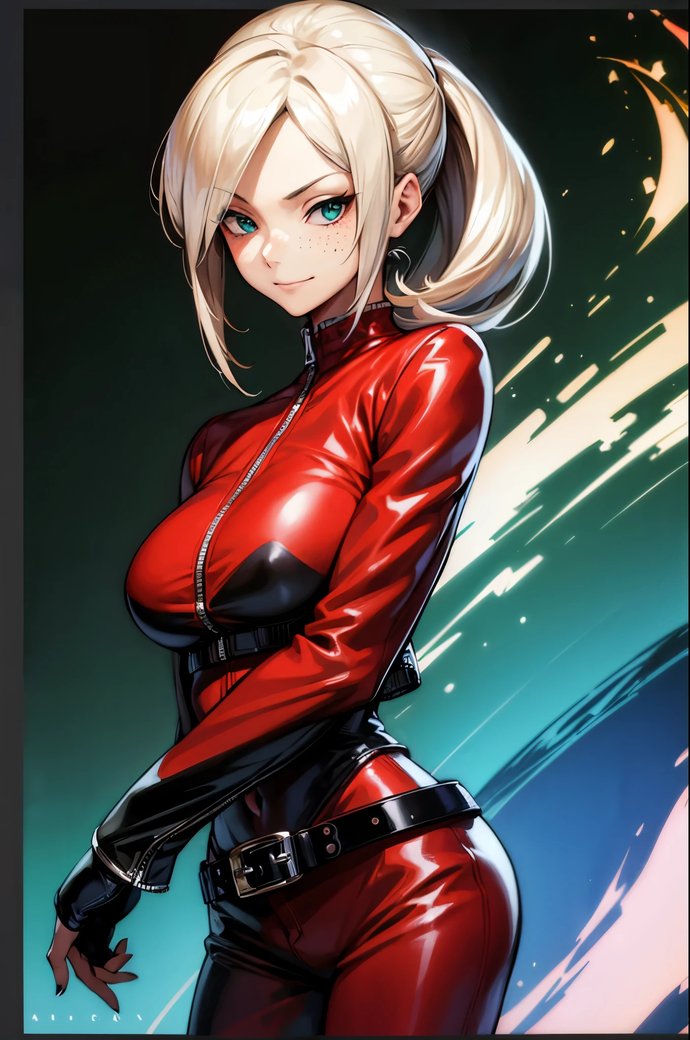 (masterpiece, best quality:1.2), expressive eyes, perfect face, highres, 1girl, solo, (female:1.5), AshCrimson, blonde hair, hair covering eye, hair band, red jacket, freckles, red bodysuit, red pants, belt, fingerless gloves, nail polish, smirk, midriff, arms up,  blacl background, green fire, posing, standing, upper body portrait, looking at the viewer