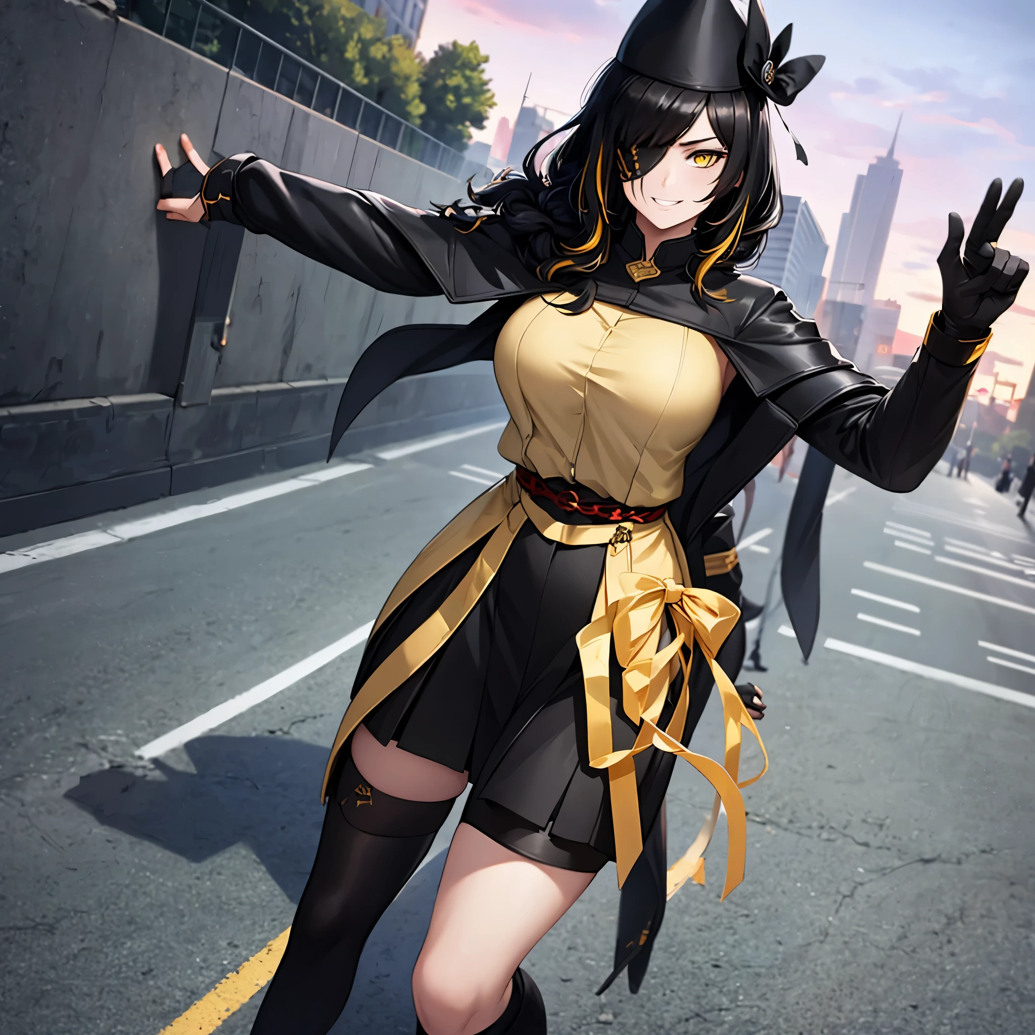 a woman wearing a black marching band uniform with gold details, black skirt, black boots, large black marching band hat with gold details, eye patch, black hair, yellow eyes, smiling, walking on a concrete sidewalk in a park, (woman solo), HDR, ultra resolution, sharp, masterpiece, 8K HD