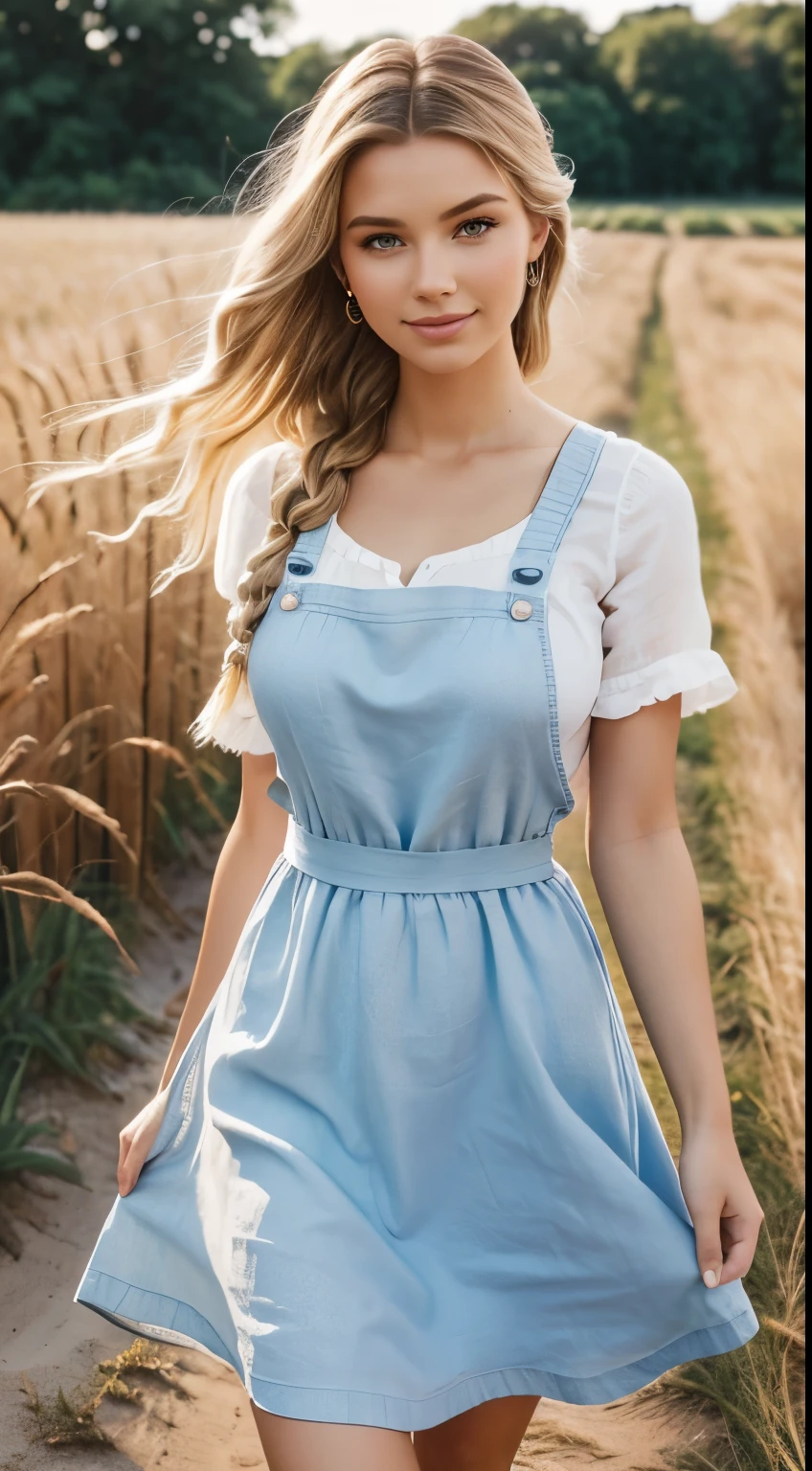 Foto hiperrealista en primer plano de Emily Sears, masterpiece, best quality, (photorealistic:1.4), full body, ( Cottage Dress Linen Pinafore Dress Elastic Waist Dress with white blouse:1.2),he walks among the fields of grain, sunny day, cinematic light, beautiful woman, skinny, large big breasts, two braids blond hair, detailed face, smile, facing the camera, photo taken from a distance, age of 20 years old,