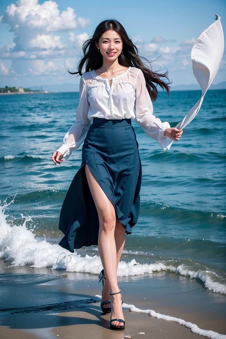 (8KLive Shooting、highest quality、masterpiece:1.2)、Very detailed、Super-resolution、High-definition RAW color photos、Professional photography、8KImage Wallpaper、Perfect Anatomy、28 years old、Look at the camera、smile、Medium Long Hair、positive、((Standing on the sea、The wind is blowing:1.3))、(High heels)、(blouse、skirt)