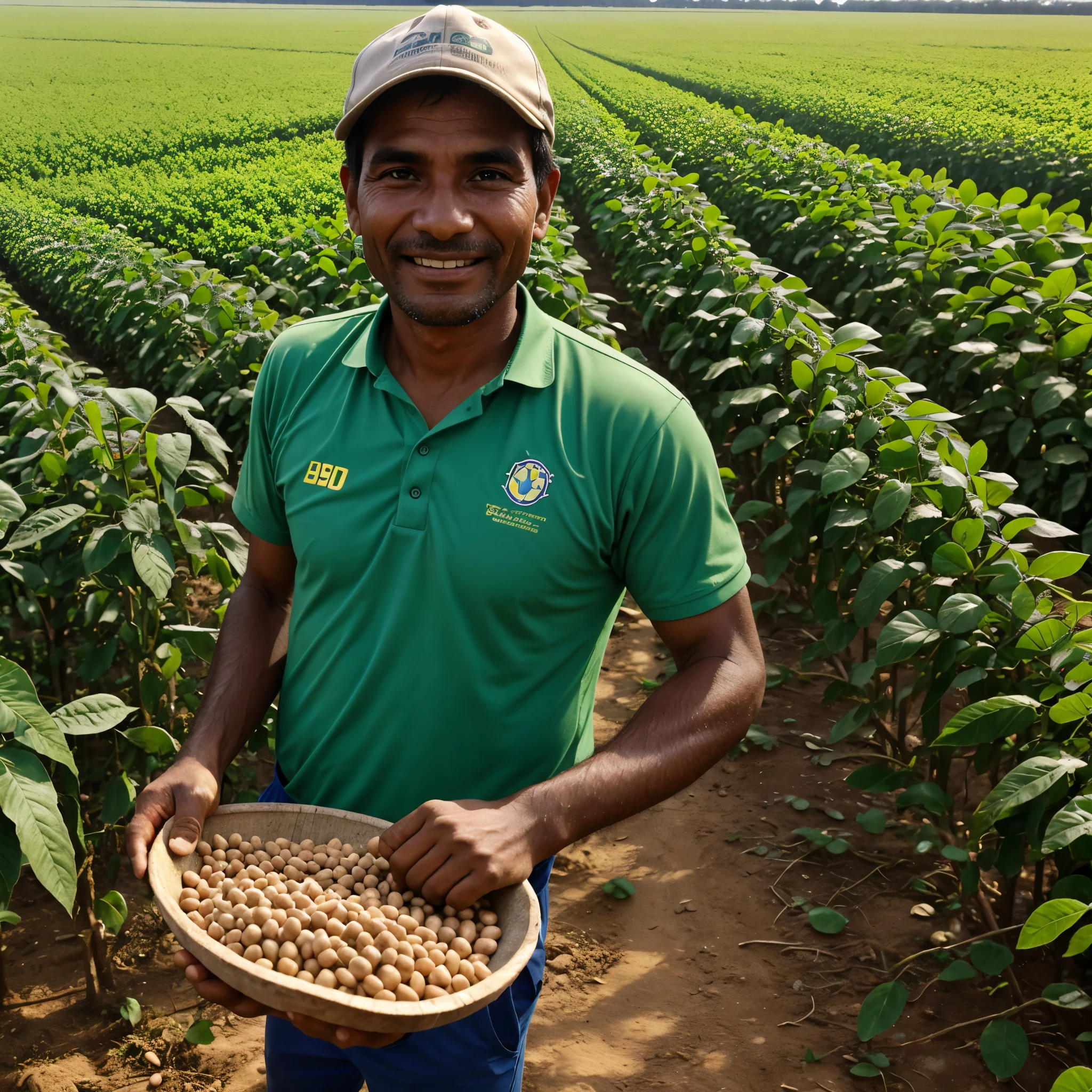 A Brazilian farmer holding soybeans in his hands, happy, in a soybean field ...