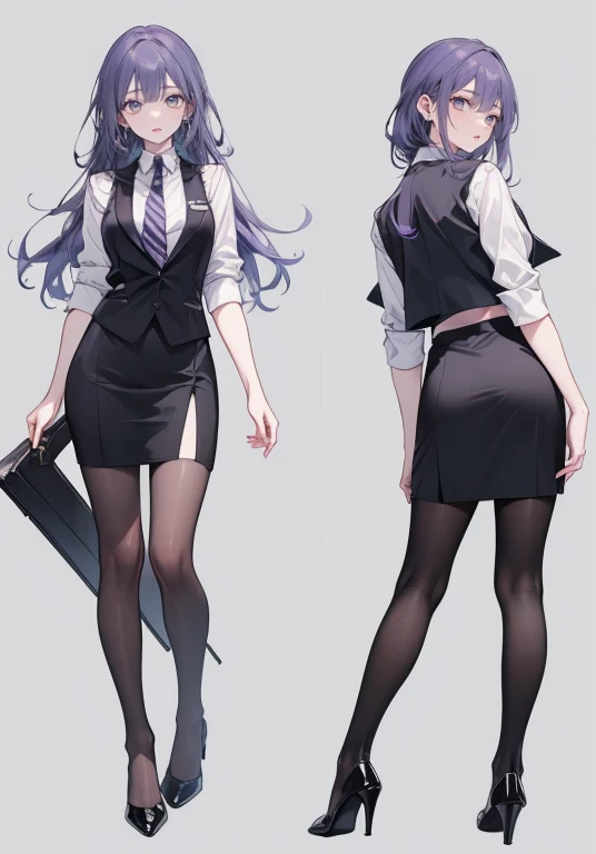 ((Perfect Face)),Purple Hair,voluminous long hair,Adult female,bartender,suit,Black vest,((A shirt with rolled up sleeves)),tie,skirt,slit,High heels,,((Simple Background)),smile,((Full Body)),((full body)),Character portrait,virtual,upright,,Both arms are down,Standing upright,