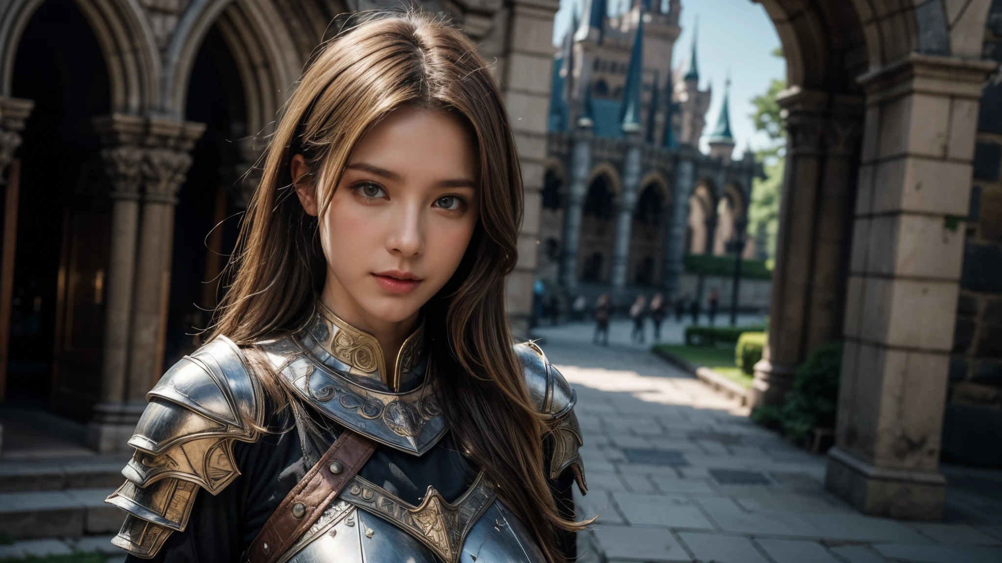 individual, Very beautiful blonde girl, Gorgeous armor,Complex patterns,, Very detailed,Large Breasts, Deadly Face, Mouth tightly shut,Sharp focus, In the background is a huge castle, Concept Art, Very detailed, Realistic, Octane Rendering, Unreal Engine, Depth of Field, Pentagonal Bokeh,dramatic,Half-length shot,Looking at the camera