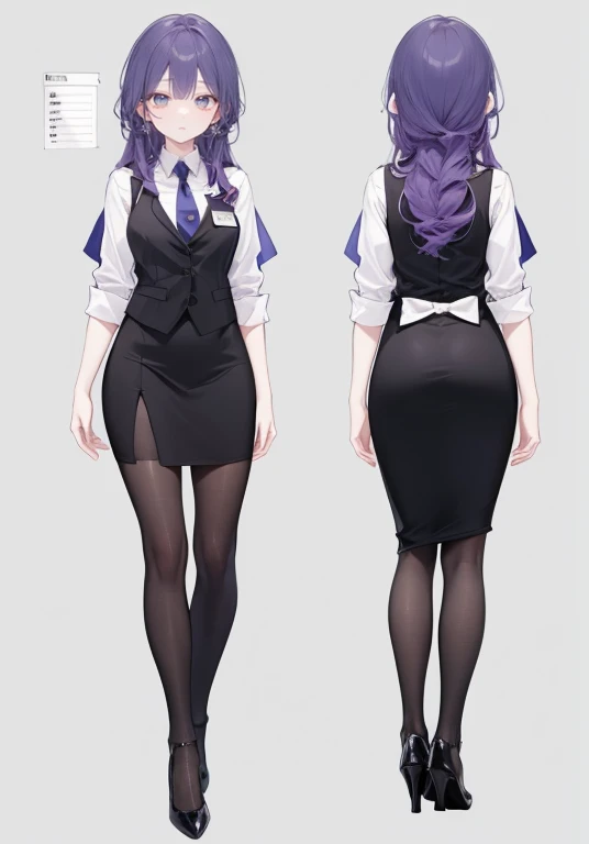 ((Perfect Face)),Purple Hair,Long Hair,1 female,bartender,,Black vest,tie,Shirt with rolled up sleeves,skirt,slit,High heels,,((Simple light color background)),((smile)),((Full Body)),((full body)),Character portrait,Character sheet,upright,Standing upright and looking straight ahead,