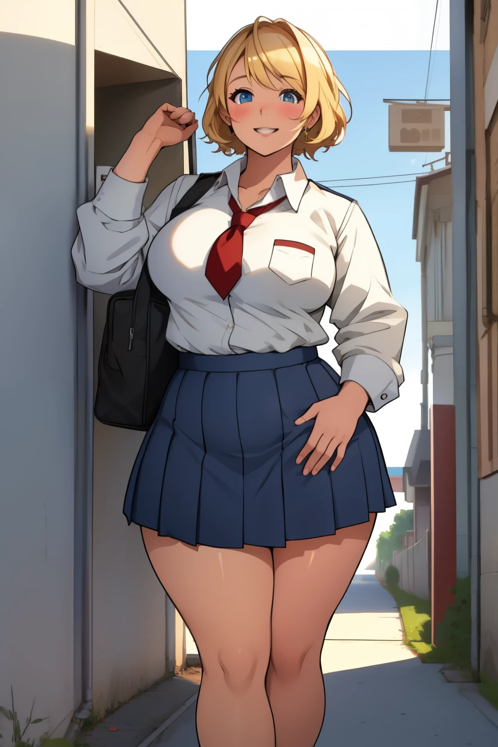 1 girl, chubby, highschool uniform, short blonde hair, cute face, big , wide hips