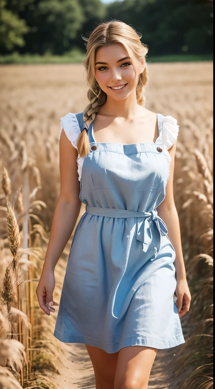 Foto hiperrealista en primer plano de Emily Sears, masterpiece, best quality, (photorealistic:1.4), full body, ( Cottage Dress Linen Pinafore Dress Elastic Waist Dress with white blouse:1.2),he walks among the fields of grain, sunny day, cinematic light, beautiful woman, skinny, large big breasts, two braids blond hair, detailed face, smile, facing the camera, photo taken from a distance, age of 20 years old,