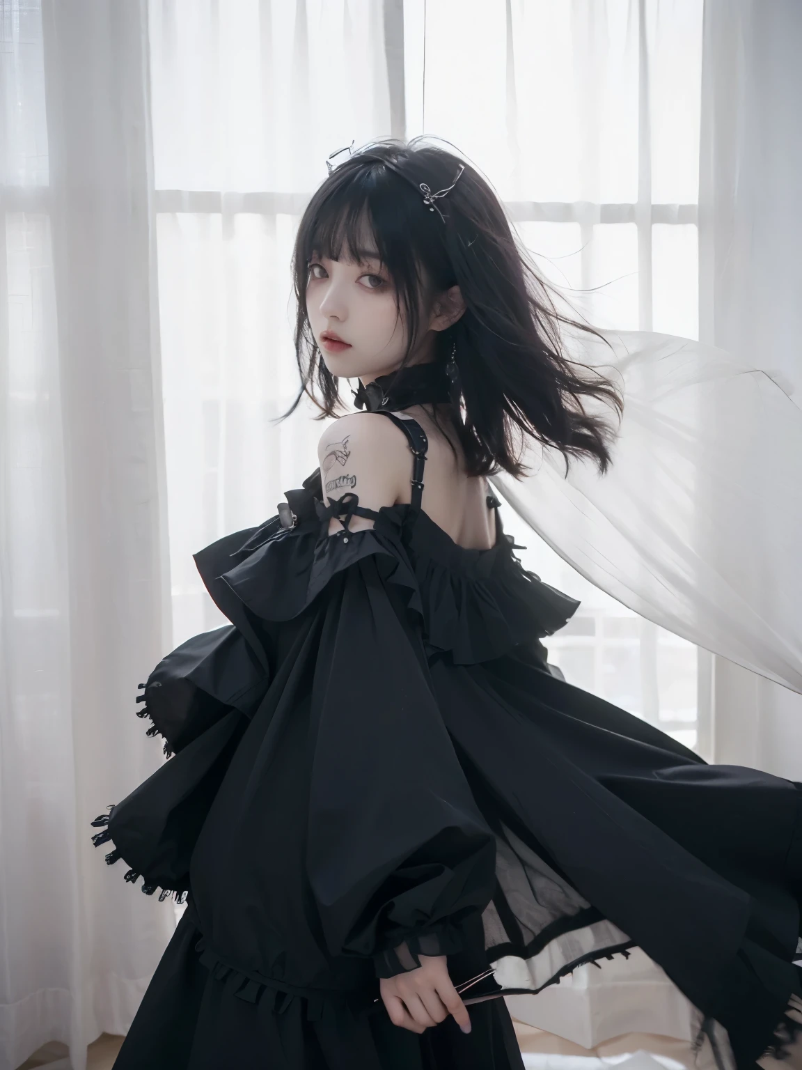 close up, minimum, harmony, tranquility, aesthetic, (Curtains swaying in the wind:1.4), 1 girl, 24-years-old, slender, Medium Hair, bangs, (Gothic_Punk:1.2), masterpiece, best quality, RAW Photos, sigma 50mm f1.4, candytt, Light-diffusing curtains