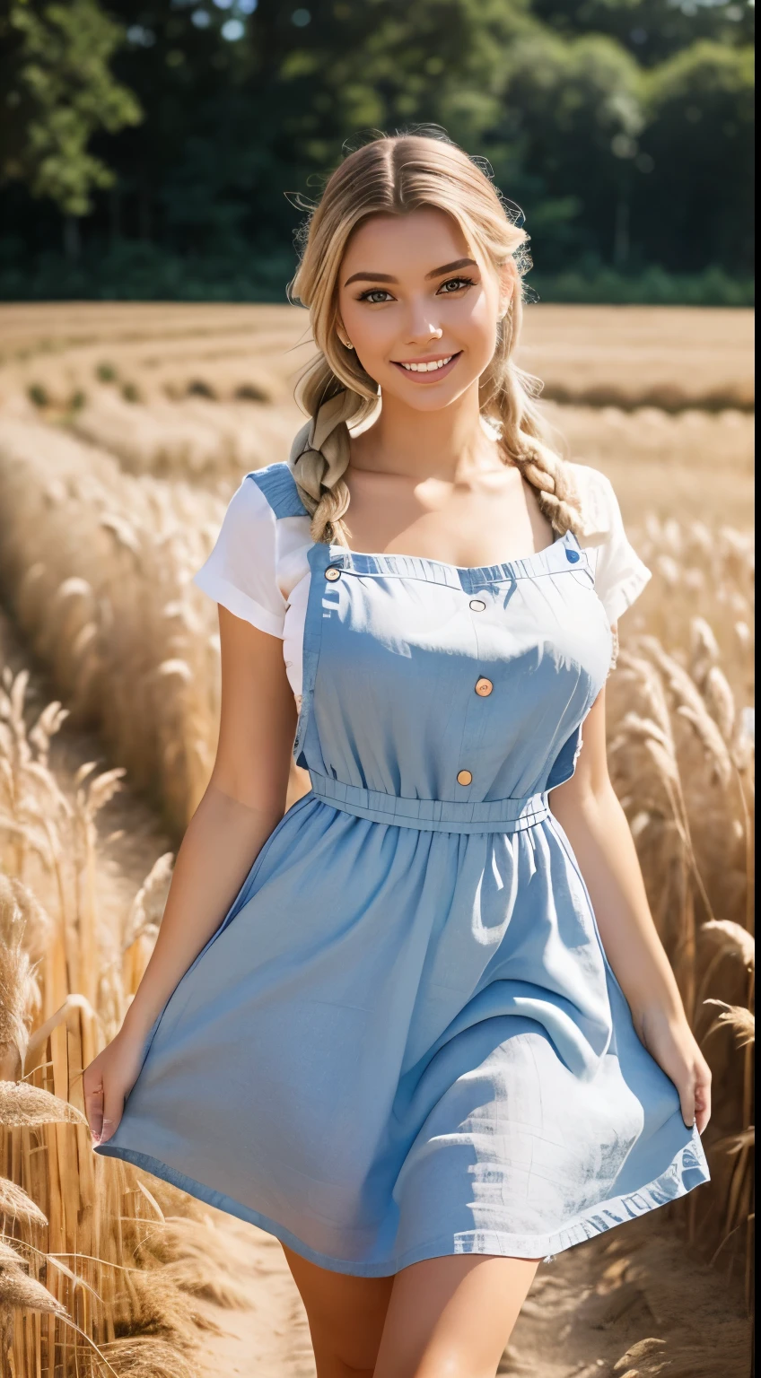 Foto hiperrealista en primer plano de Emily Sears, masterpiece, best quality, (photorealistic:1.4), full body, ( Cottage Dress Linen Pinafore Dress Elastic Waist Dress with white blouse:1.2),he walks among the fields of grain, sunny day, cinematic light, beautiful woman, skinny, large big breasts, two braids blond hair, detailed face, smile, facing the camera, photo taken from a distance, age of 20 years old,