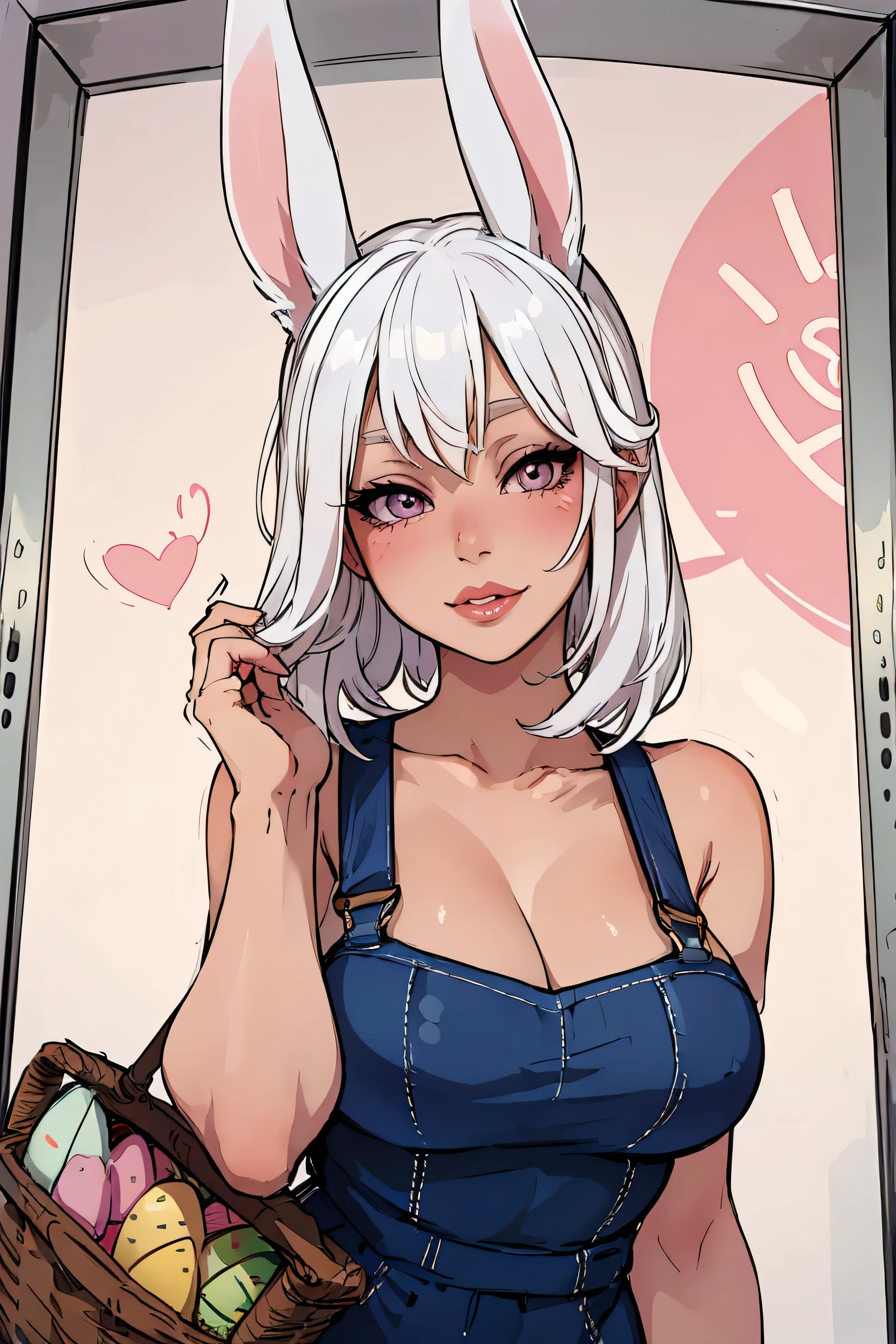 Masterpiece, best quality, centered in frame, portrait, bunny girl, tan skin, busty, pink full lips, white hair bunny nose, whiskers, white bunny ears, overalls, eager bunny outfit, easter, holding basket, beautiful