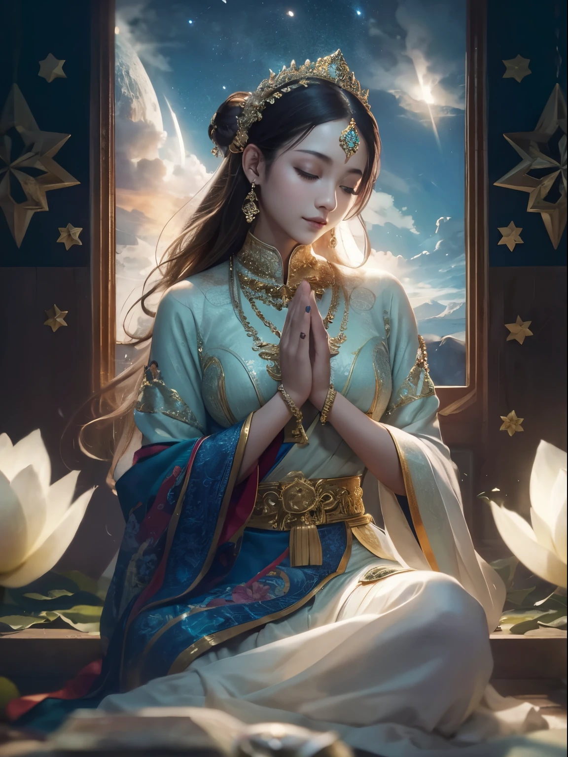 highest quality,masterpiece:1.2,detailed details,The beautiful young goddess gently closed her eyes,Smiling Kindly. She is meditating in prayer with folded hands. She was wearing a white dress with stars shining against the blue night sky., You sit on a lotus flower,In a wonderful atmosphere,I feel like I'm one with the universe.. High resolution, 8k