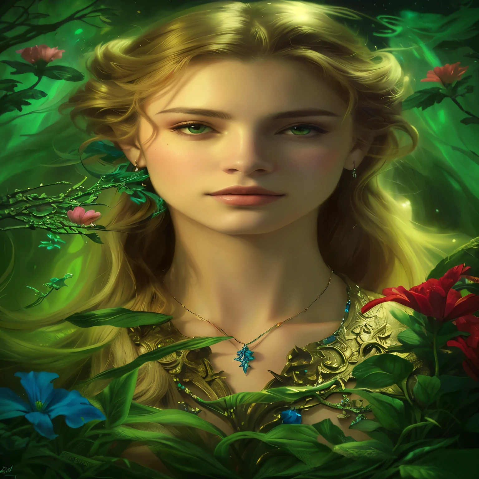 a woman with a necklace around her neck, rodeada de flores, beautiful retrato de arte de fantasia, beautiful retrato de fantasia, retrato de arte de fantasia, retrato de fantasia, capa de romance, bela arte de fantasia, retrato de fantasia art, arte digital fantasia arte, Mulher fantasia, very bela arte de fantasia, pintura de fantasia realista, fantasy genre portrait, retrato de um jovem muito linda, arte digital de fantasia
