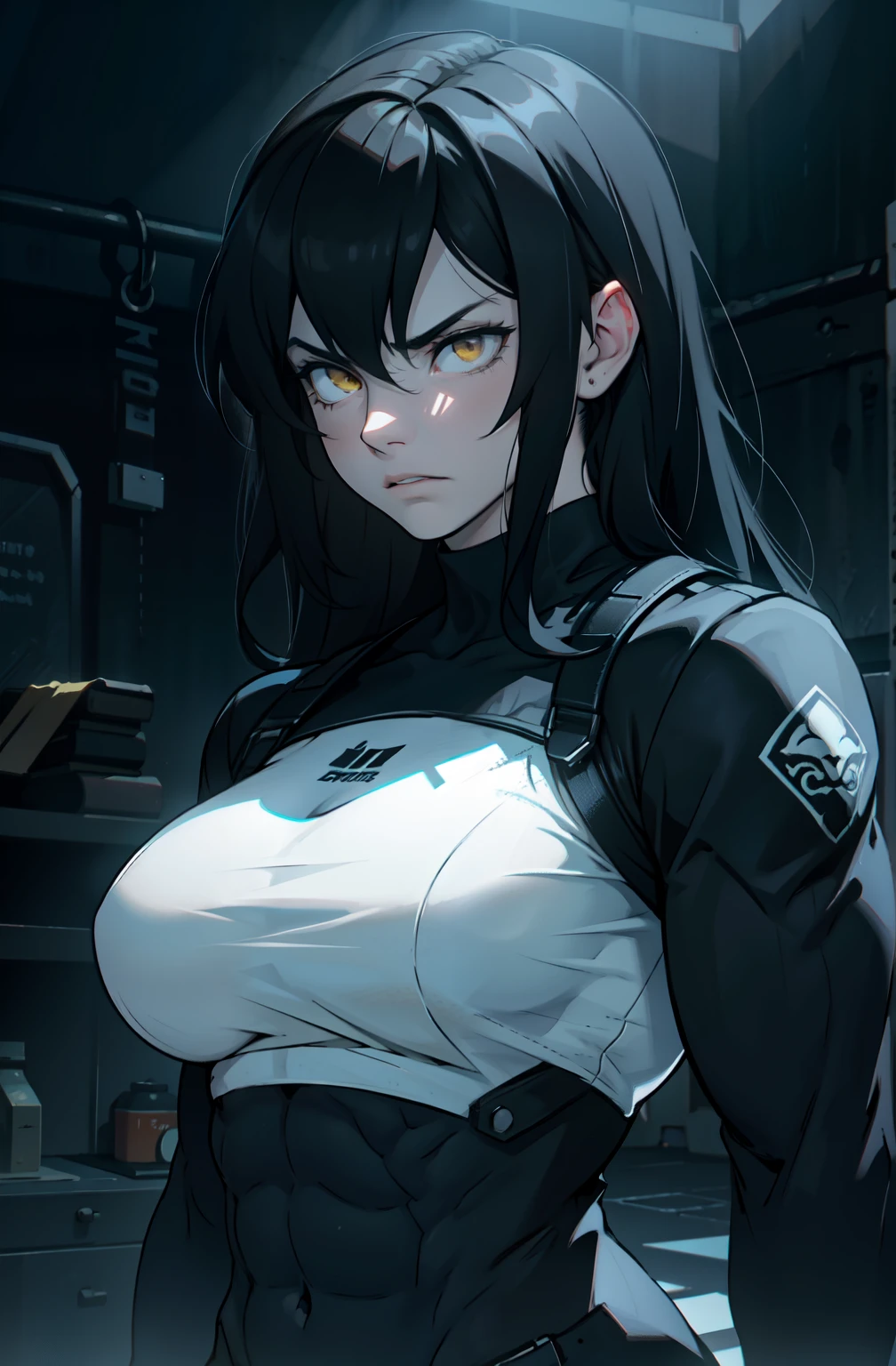((1 girl)), extremely long hair, solo, ((muscular)), veins, black hair, yellow eyes, pale skin, strong, veins, abs, large breasts, frown, dark atmosphere uhd best quality 16k chiaroscuro god rays cinematic lighting backlighting ray tracing chromatic aberration drop shadow masterpiece ccurate super detail retina UHD textured skin close up black shirt long sleeve