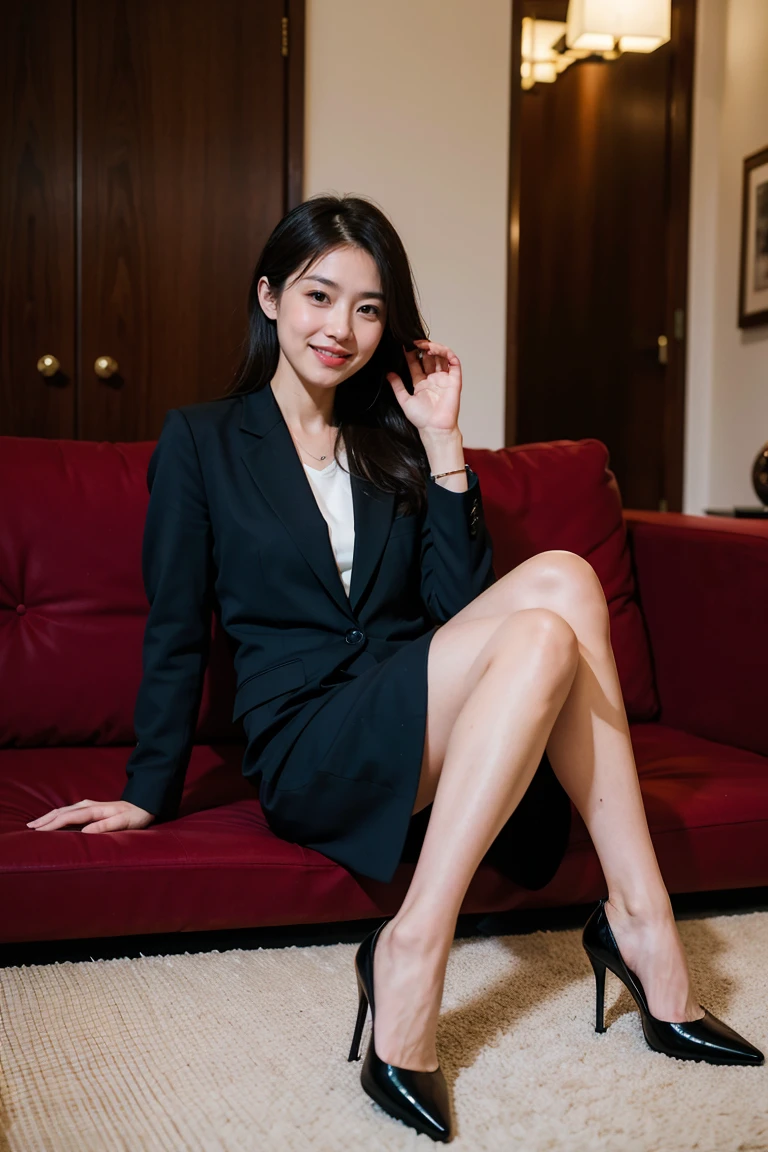 Best Quality, Mastepiece, Photorealistic, It is high resolution., 8k Raw photo,Solo, 1girl, 30 years old、Sitting on the sofa with legs crossed、smile、Staring at me、business suit、Red High Heels