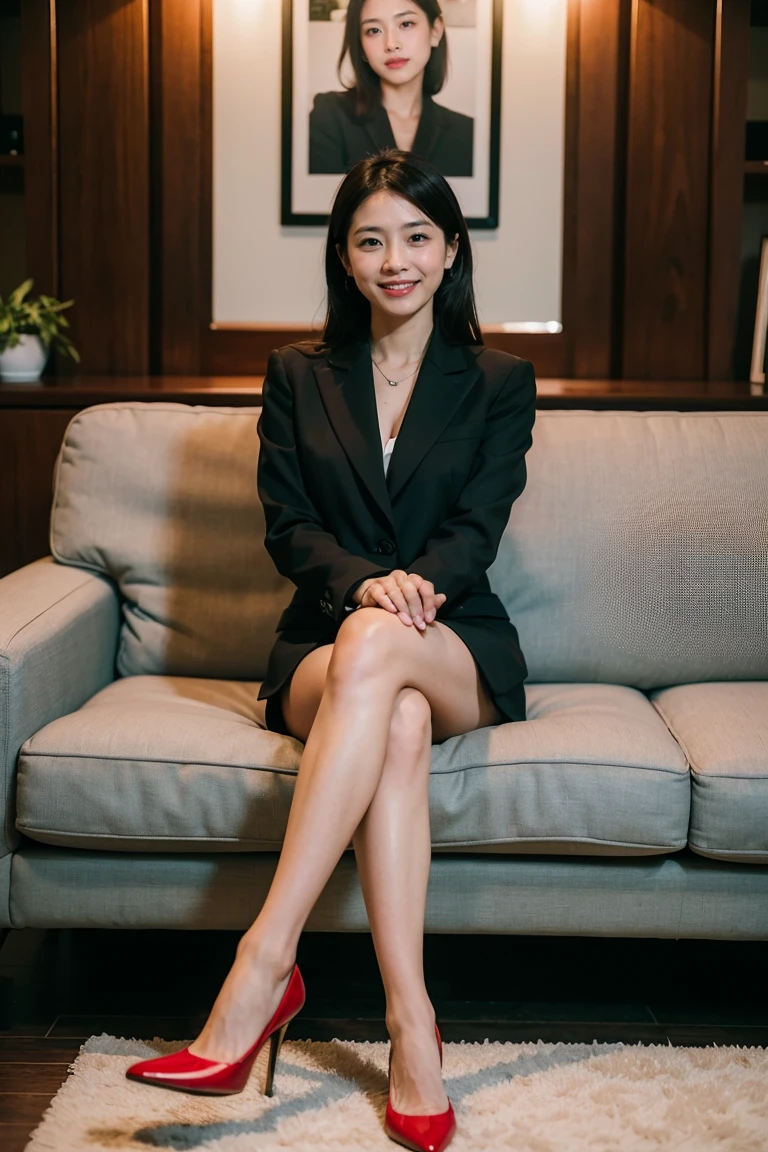 Best Quality, Mastepiece, Photorealistic, It is high resolution., 8k　Raw photo,Solo, 1girl, 30 years old、Sitting on the sofa with legs crossed、smile、Staring at me、business suit、Red High Heels