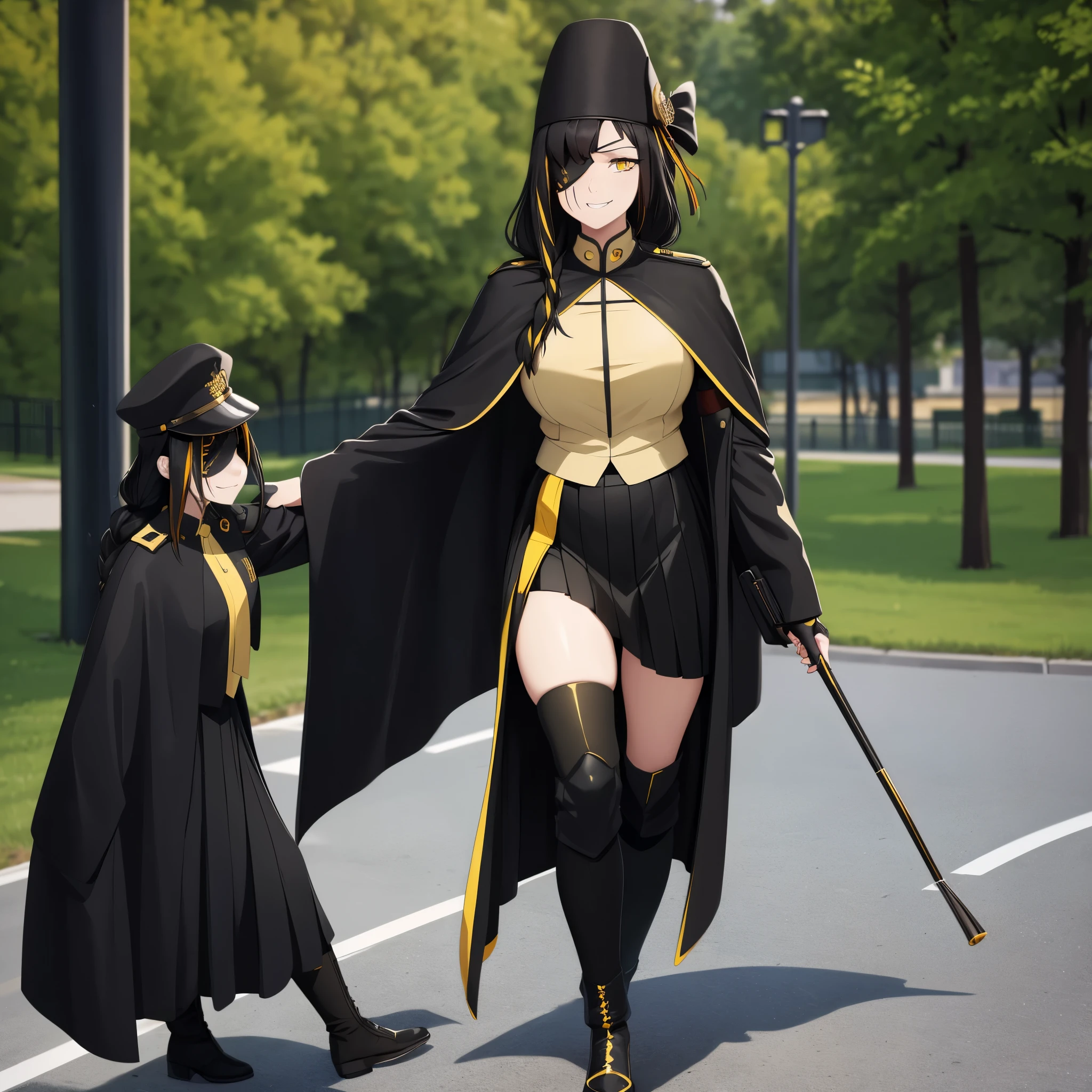 a woman wearing a black marching band uniform with gold details, black skirt, black boots, large black marching band hat with gold details, eye patch, black hair, yellow eyes, smiling, walking on a concrete sidewalk in a park, (woman solo), HDR, ultra resolution, sharp, masterpiece, 8K HD
