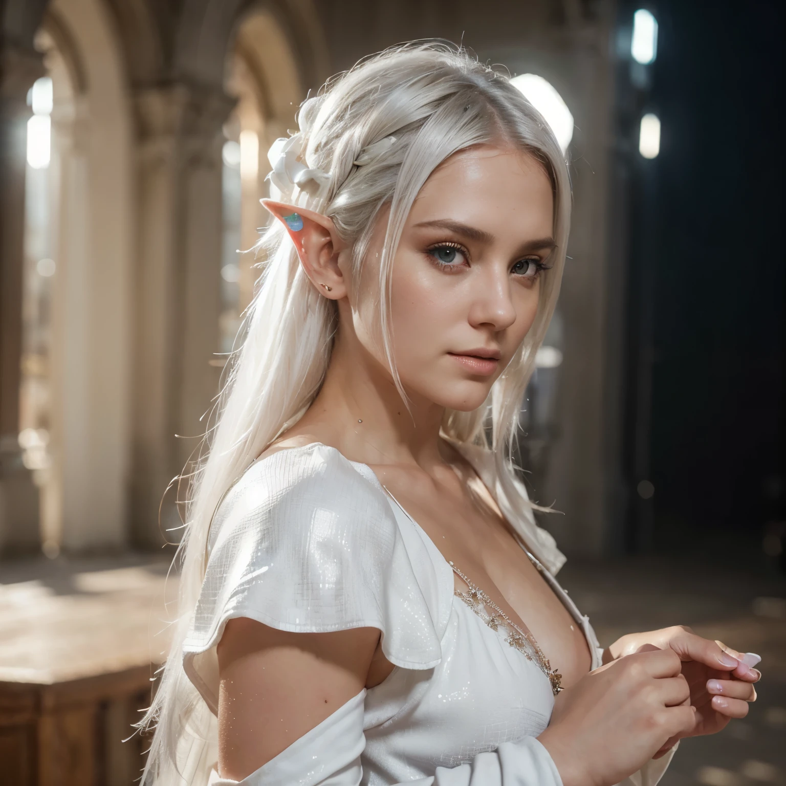 (white hair,starry eyes,fair skin,cool personality,elf female,youthful figure,white dress covering one side of the body,light armor on the other side,wrapped sandals) (best quality,4k,8k,highres,masterpiece:1.2),ultra-detailed,(realistic,photorealistic,photo-realistic:1.37),HDR,UHD,studio lighting,ultra-fine painting,sharp focus,physically-based rendering,extreme detail description,professional,vivid colors,bokeh,portrait,concept artists+pastel colors,soft lighting