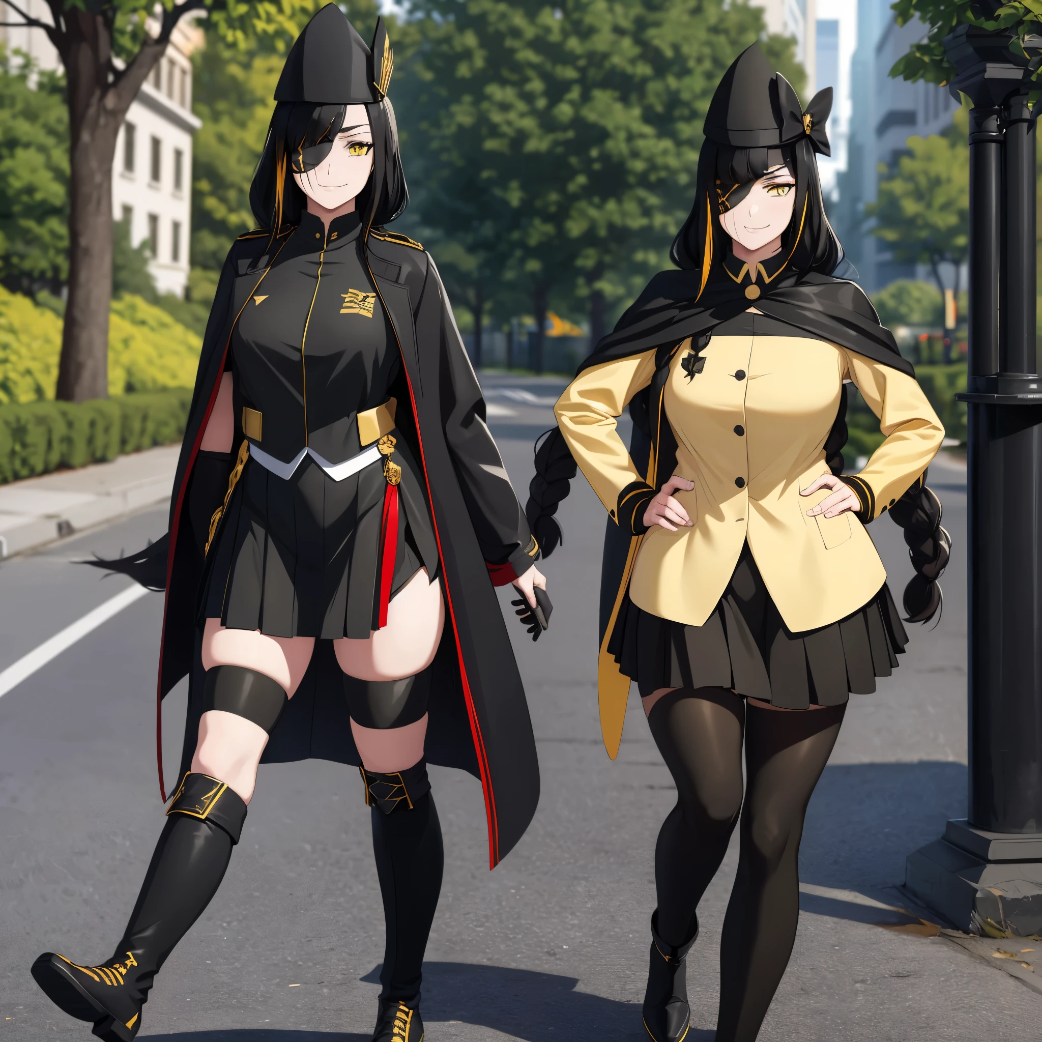 a woman wearing a black marching band uniform with gold details, black skirt, black boots, large black marching band hat with gold details, eye patch, black hair, yellow eyes, smiling, walking on a concrete sidewalk in a park, (woman solo), HDR, ultra resolution, sharp, masterpiece, 8K HD
