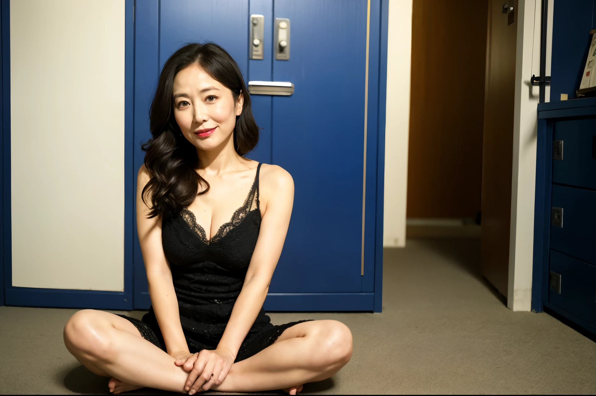 ((Best Quality, 8k, Masterpiece, Portrait: 1.3)), (looking at viewer),Photorealistic, Sharp Focus, Beautiful Japan Milf, 30 Years Old, anatomy correct, ((Open your legs wide:2, Sit one knee up:1.5, show crotch)), Wavy Hair, ((beautiful detail skin)), ((double eyelid, eyelash, lip gloss)), Clothes with Cleavage View, (Wrinkles at the Corners of the Eyes:0.5), (loose waist:0.5), (smile:0.1), Office Changing Room, a lots of metal lockers,