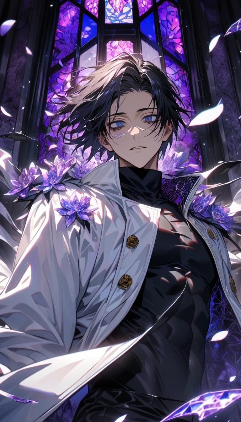 Ultra detailed, HDR, Highres, absurdres, master piece, Okkotsu Yuuta, expressive dark blue eyes, black hair, dark circles under the eyes, Jujutsu Kaisen, white long coat with patterns, black tight shirt, purple stained glass, purple ice, petals, purple ice flowers, sexy man, solo, extremely detailed face and eyes, extremely handsome, glittering, black pants, toned chest,