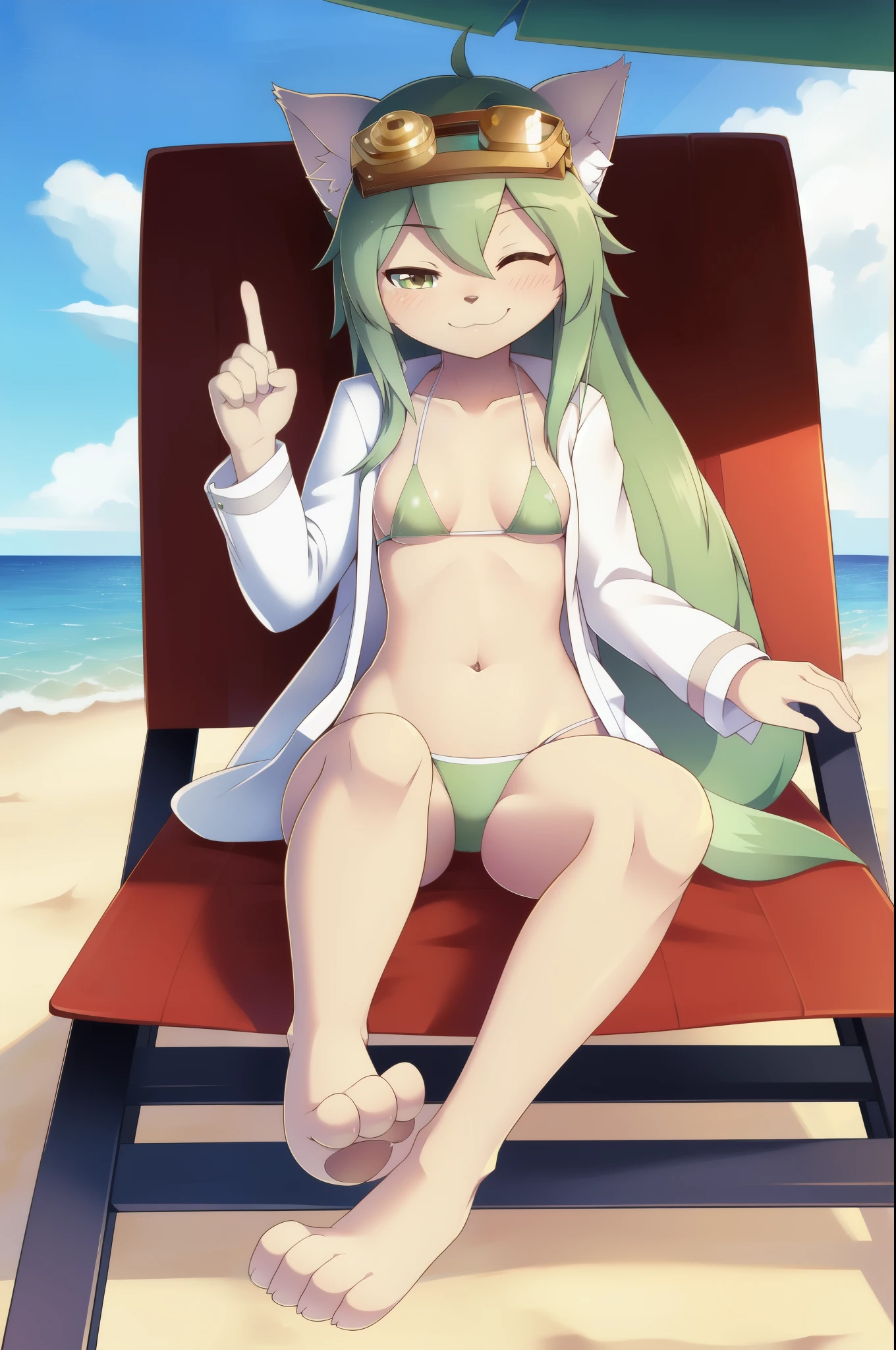 Suzette, cat, narrowed eyes, green hair, long spiky hair, body fur, small breasts, detailed body fur, detailed face, detailed eyes, glistering body, shiny body, gorgeous body, masterpiece, high quality, ((goggles, white jacket, open clothes, green bikini)), full body, feets with three toes, 3 toes, beach, clear sky, skinny, sit on beach chair, :3, (wink, one eye closed),