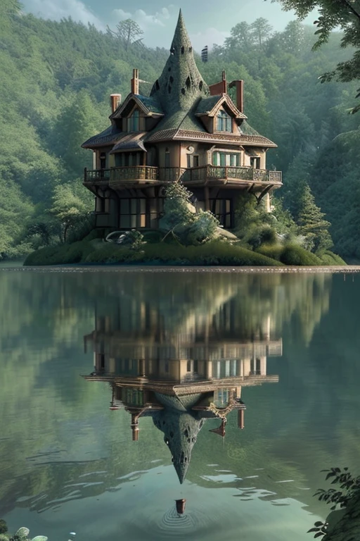 arafed house on a rock in the middle of a lake, very close to real nature, lake house, very high detailed, fantasy setting, build in a forest near of a lake, beautiful rendering, floating island, incredibly high detailed, very very high detailed, beatiful house, fantasy house, beautiful place, beautiful detailed scene, beautiful artist rendering, incredibly beautiful