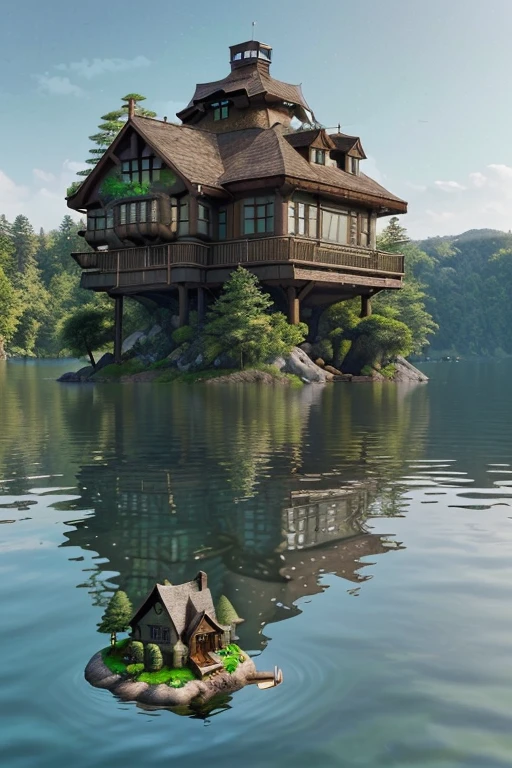 arafed house on a rock in the middle of a lake, very close to real nature, lake house, very high detailed, fantasy setting, build in a forest near of a lake, beautiful rendering, floating island, incredibly high detailed, very very high detailed, beatiful house, fantasy house, beautiful place, beautiful detailed scene, beautiful artist rendering, incredibly beautiful