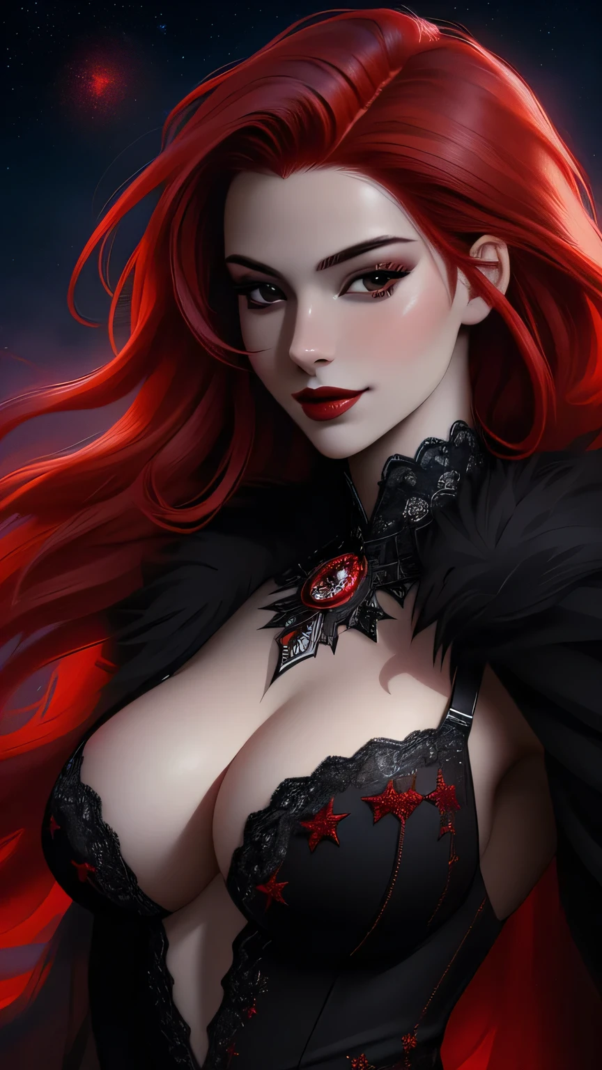 (Masterpiece - Ultra-Detailed, High Resolution) ((vivid red hair)), mature woman, 30 years old, diamond face, red starry sky background, depth of field, magic, big red lips, ((dark and black eyes)) black and red long and full dress, covered chest, mystical atmosphere, ominous shadows, Intense blue aura, Intense red aura (best quality:1.2), absurdres, intricate details, (highly detailed skin:1.2), smile expression, posing, taut and well defined body, attractive. Highly realistic, pale skin, beautiful, hyperrealism, skin very elaborated, direct gaze