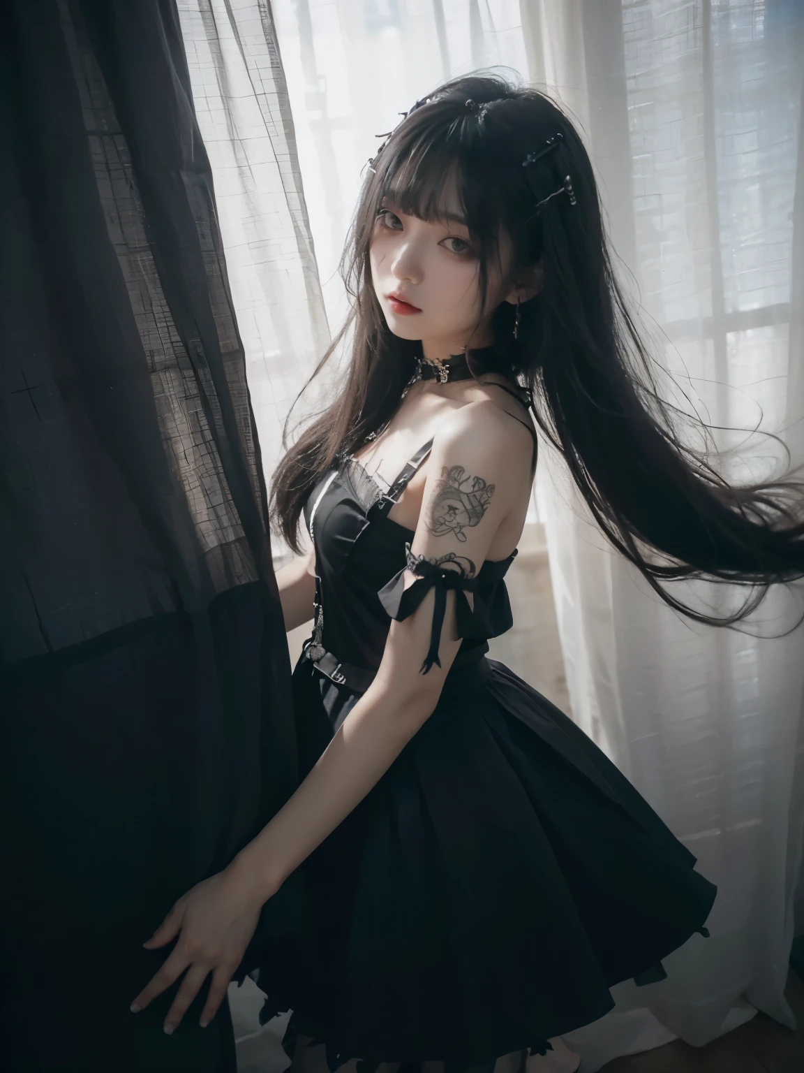 from above, minimum, harmony, tranquility, aesthetic, (Curtains swaying in the wind:1.2), 1 girl, 24-years-old, slender, floating Medium Hair, bangs, (Gothic_Punk:1.2), masterpiece, best quality, RAW Photos, sigma 50mm f1.4, candytt, Detailed costume,
