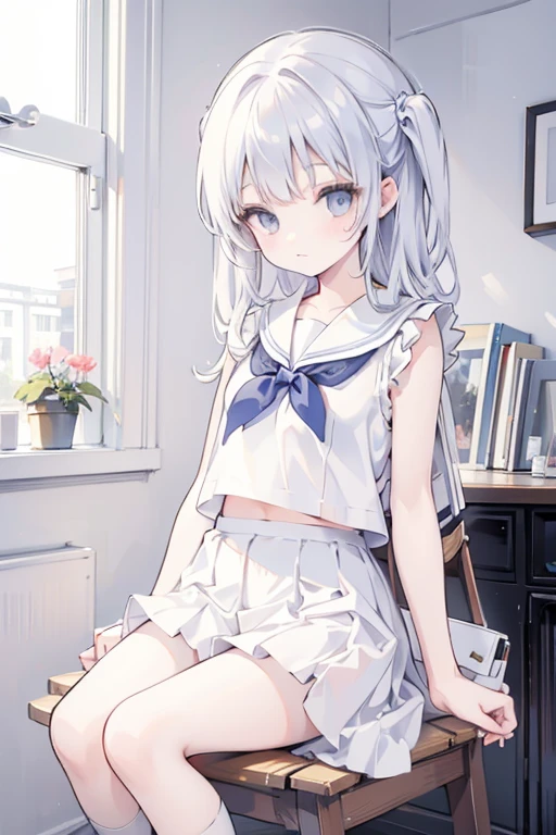 1 girl, solo, highres,looking at viewer, masterpiece,best quality, extremely detailed, perfect lighting, sunny, light tracing, long hair, detailed beautiful face,looking at viewer, wet, kamisato ayaka (heytea), kamisato ayaka, official alternate costume, ponytail, serafuku, blunt bangs, hair bow, black bow, hair ribbon, red ribbon, school uniform, sailor shirt, sailor collar, pleated skirt, grey eyes, light blue hair, mole under eye, sitting, white legwear,