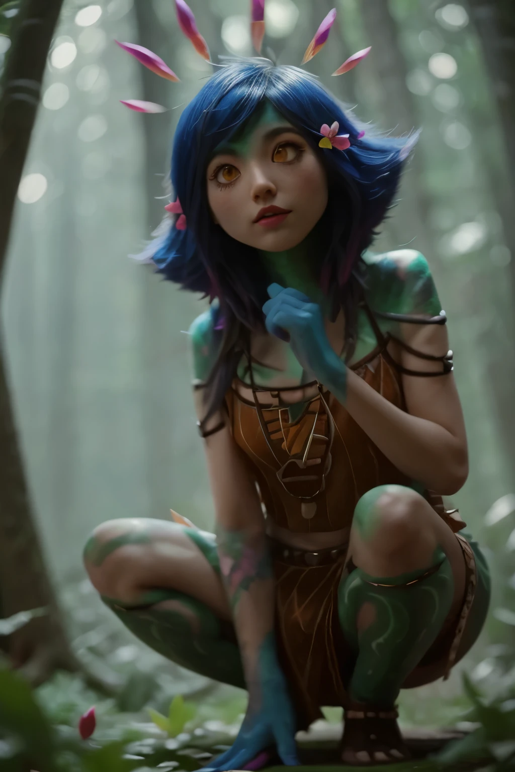 1girl, squatting, shorts, short blouse, high quality, hyperrealism, hyper realistic, extremely detailed, forest, cute, adorable, spread legs, neeko