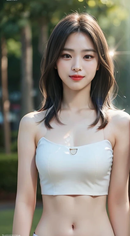 ( Tube top:1.2)、highest quality、highest quality、Realistic、Unity、8k wallpaper、Official Art、Highly detailed CG Unity 8k wallpaper、Very detailed、High resolution、Physically Based Rendering、Very detailed,growing up, finely,1 girl、(Medium Hair)、(smile:1.1)、Slim face、Cute Woman、Very detailedな顔、Fine grain、double eyelid、Kamimei、(Glowing Skin)、(Sunburned skin)、(Realistic Skin)、Blurred Background、(From navel to head)、frontage、Slim face、Morning Park、Professional Lighting、(The light shines on your face:1.5)、The best light,Chest is prominent、((Beautiful belly button、clavicle、valley))