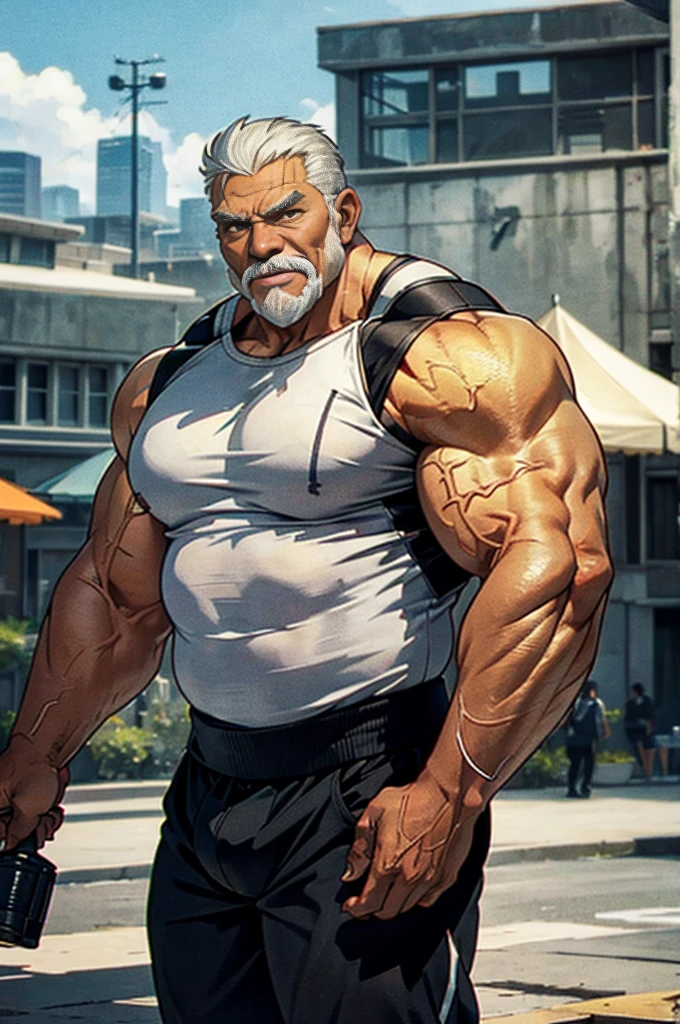 ((solo, 1boy)), (A strong and muscular old man standing confidently on a city