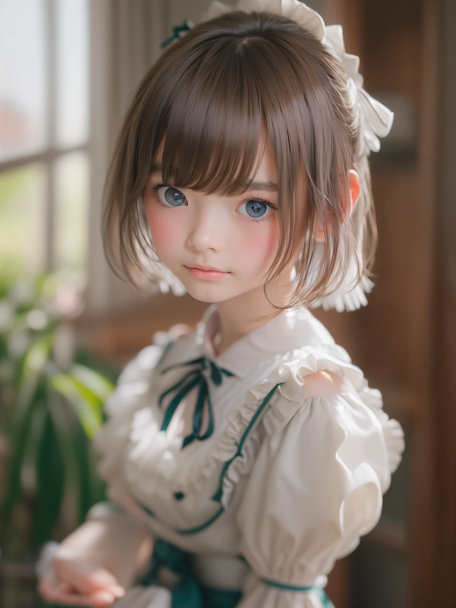 ((sfw: 1.4)), ((sfw, extra short hair, sidelocks-hair, 1Girl)), Ultra High Resolution, (Realistic: 1.4), RAW Photo, Best Quality, (Photorealistic Stick), Focus, Soft Light, (()), ((Japanese)), (( (young face))), (surface), (depth of field), masterpiece, (realistic), wearing highly detailed (( maid clothes with frills and ribbon)), bangs, ((1 girl)),(half body image:1.5)