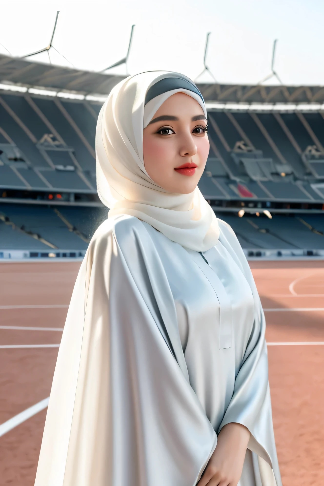 RAW photo of a 24 year old girl wearing hijab, satin abaya White color , satin, hijab face portrait, Qatar Stadium background, 8k uhd, dslr, soft lighting, high quality, film grain, Fujifilm XT3, covered dress, decent dress
