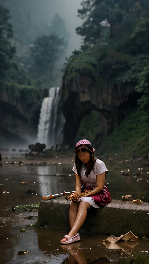 an Indonesian girl aged 5 years.sitting relax.wearing footwear .wearing maid style and jewelry .hugging a giant sword.with a flash of light accompanied by splashes of rain causing the ground to collapse and burn violently.dew everywhere. saw an angry eagle coiled around a jewel in the mist. wind storm background. real image